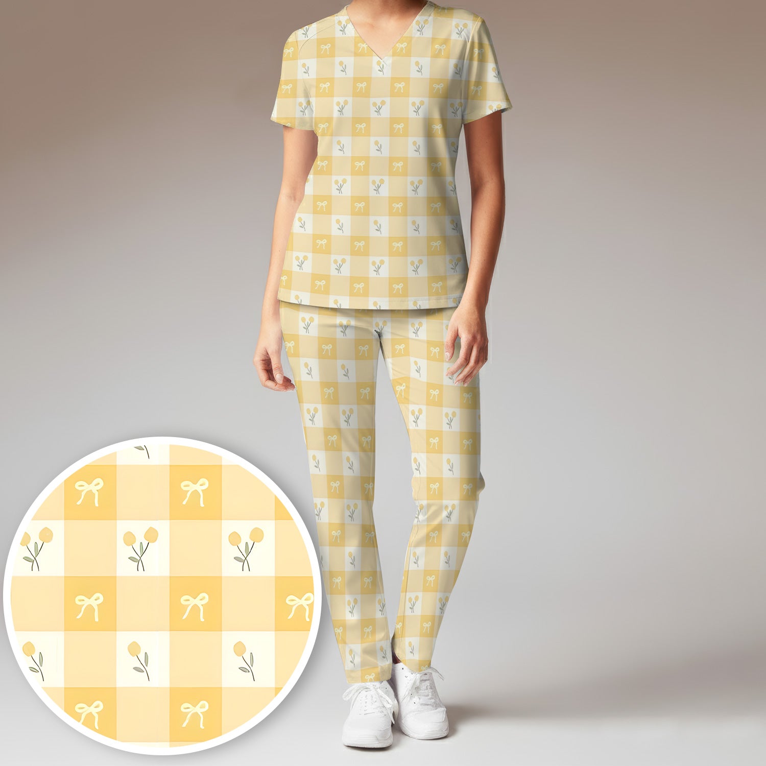 Yellow Gingham Bow Floral Pattern Scrub Set, Scrub Pants and V Neck Top