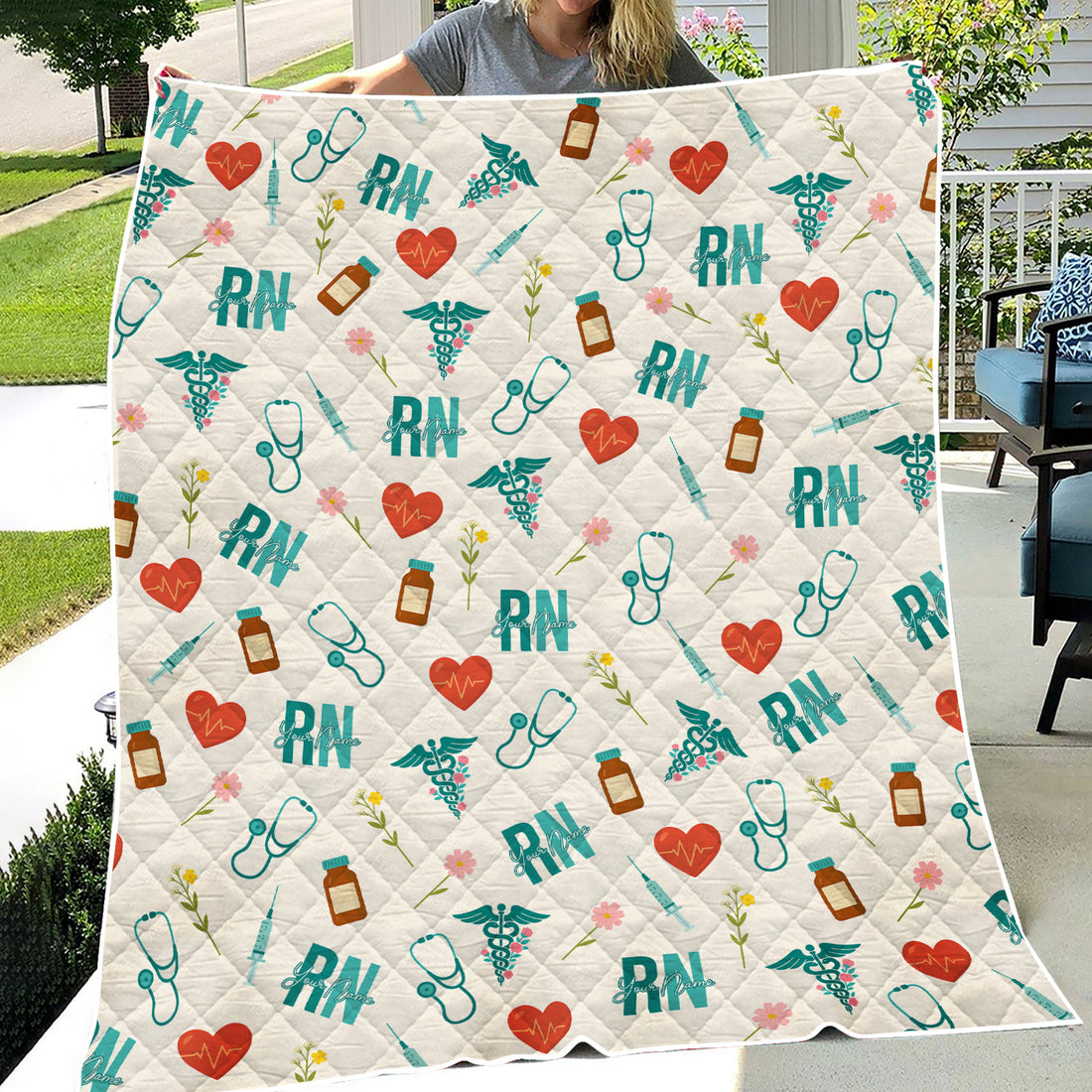 Personalized RN Nurse Blanket with Medical Icons - Stethoscope Syringe Heartbeat Floral Design - Gift for RN CNA LPN