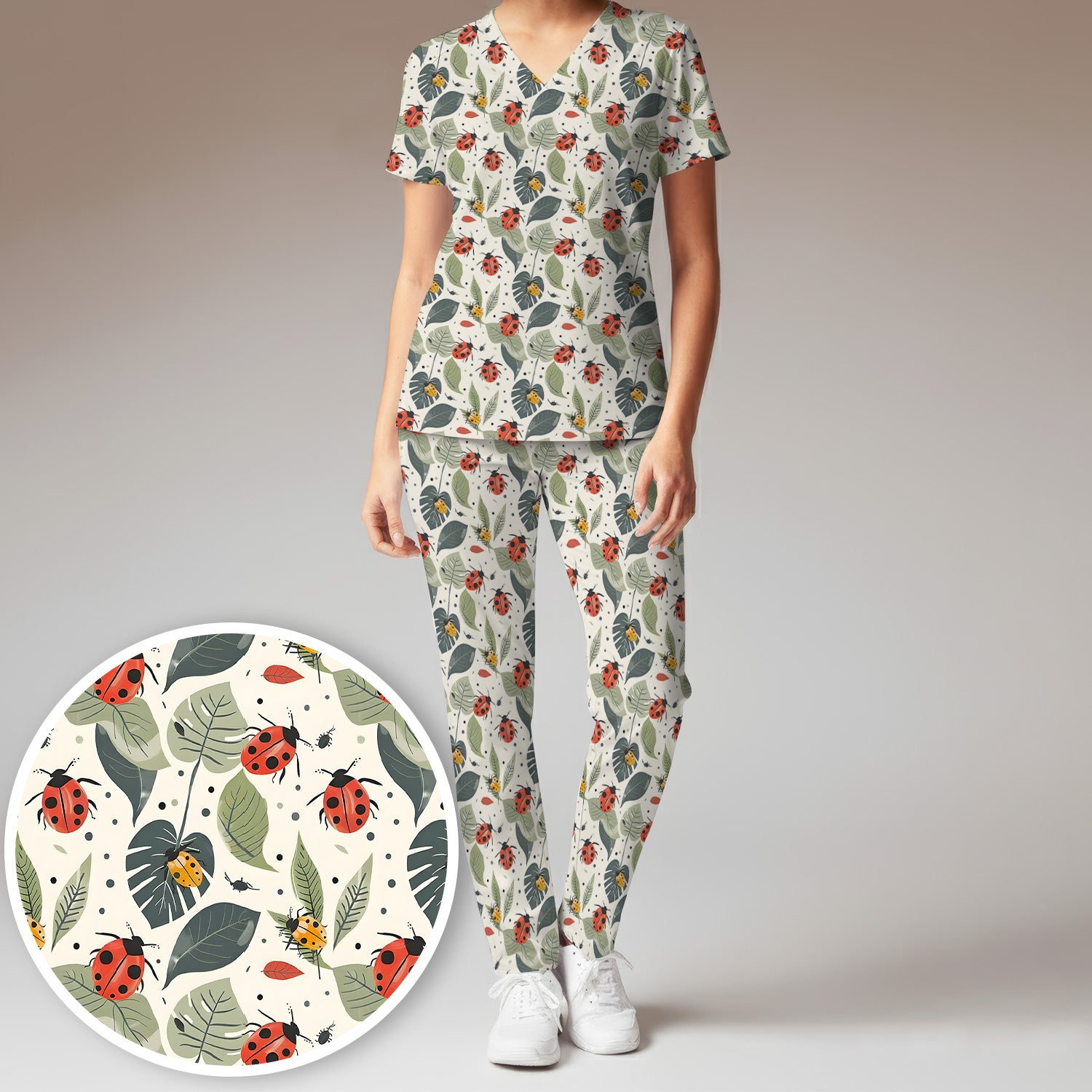 Cute Ladybug Leaf Nature Pattern Scrub Set, Scrub Pants and V Neck Top
