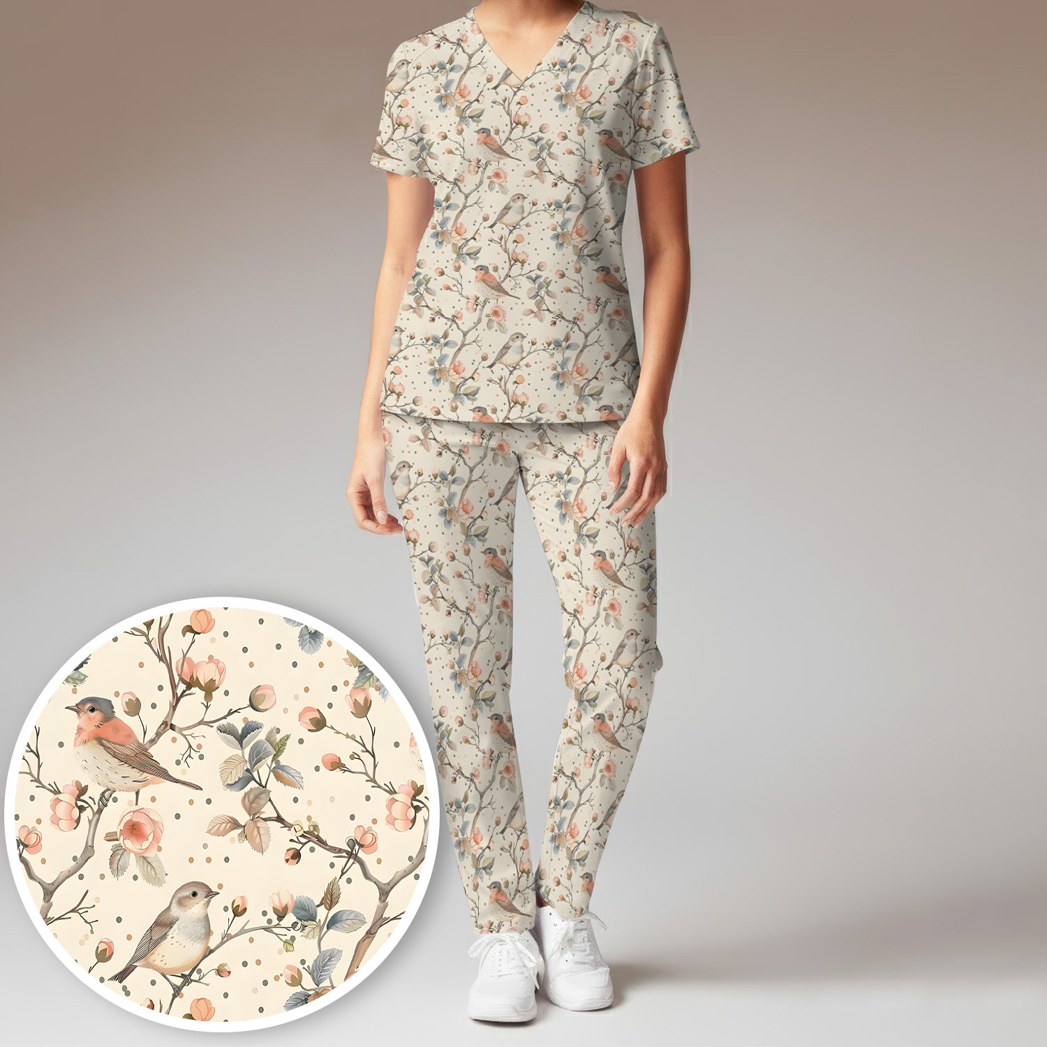 Vintage Bird Floral Branch Print Scrub Set, Scrub Pants and V Neck Top