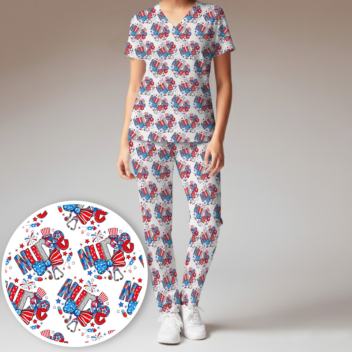 USA Nurse Stethoscope Patriotic Bow Hat Pattern Scrub Sets, Scrub Pants and V Neck Top