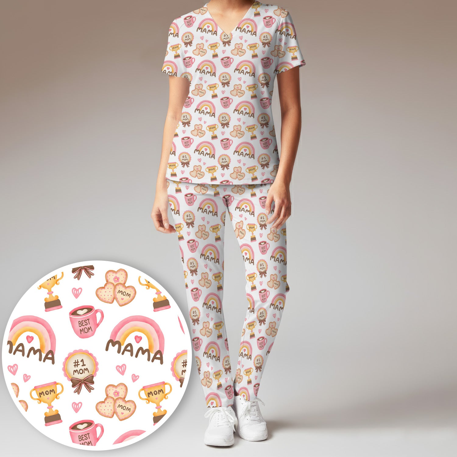Sweet Nurse Mama Rainbow Trophy Heart Pattern Scrub Set, Scrub Pants and V Neck Top