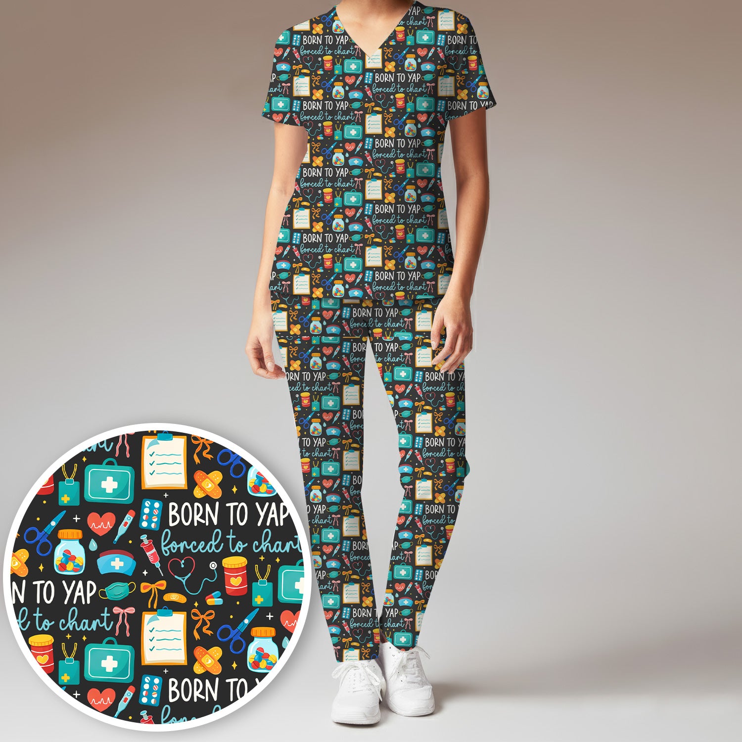 Born To Yap Medical Tools Pattern Scrub Set, Scrub Pants and V Neck Top