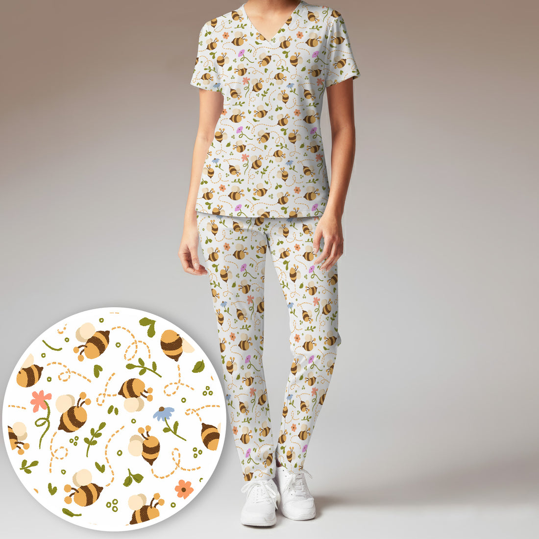 Bee Flying Floral Trail Garden Pattern Scrub Set, Scrub Pants and V Neck Top
