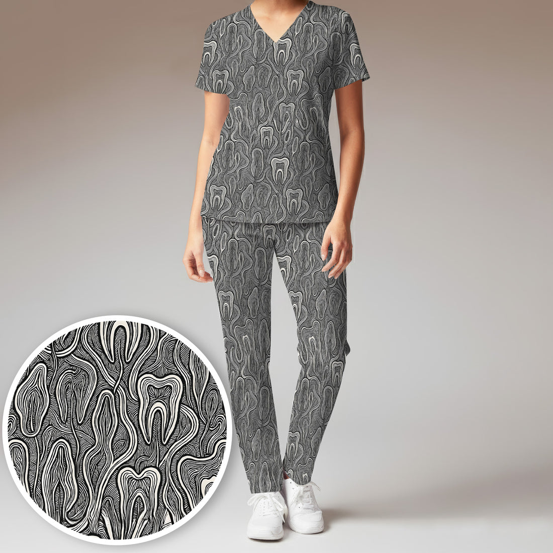Dental Tooth Line Art Pattern Scrub Set, Scrub Pants and V Neck Top
