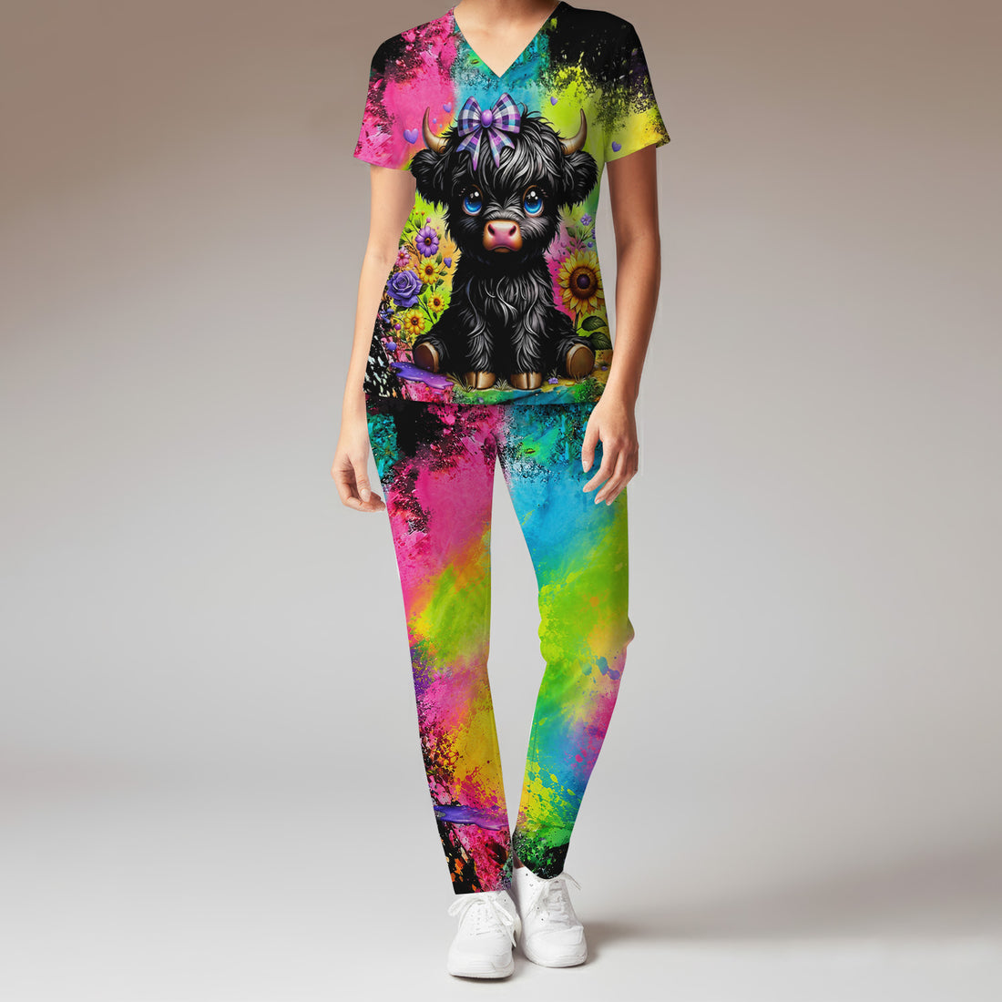 Baby Highland Cow Floral Print Scrub Set, Scrub Pants and V Neck Top