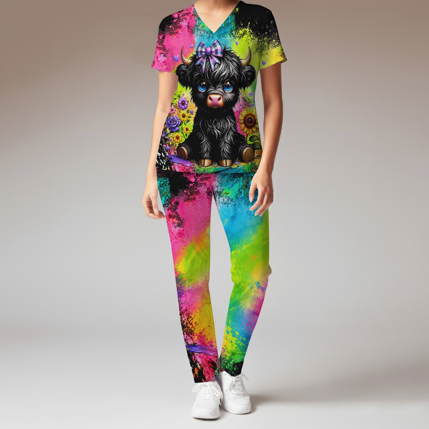 Baby Highland Cow Floral Print Scrub Set, Scrub Pants and V Neck Top