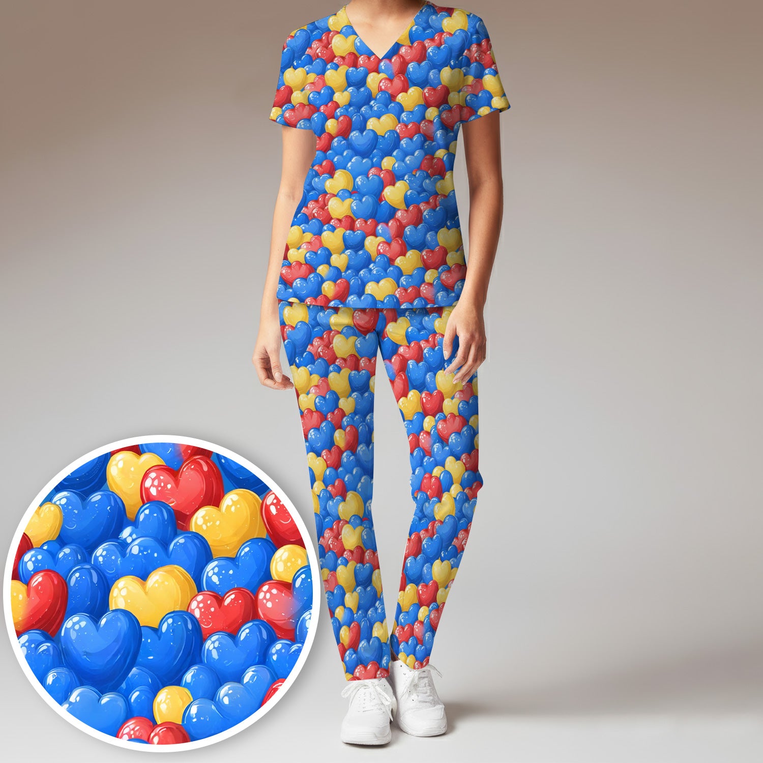Colorful Autism Heart Pattern Scrub Set, Scrub Pants and V Neck Top