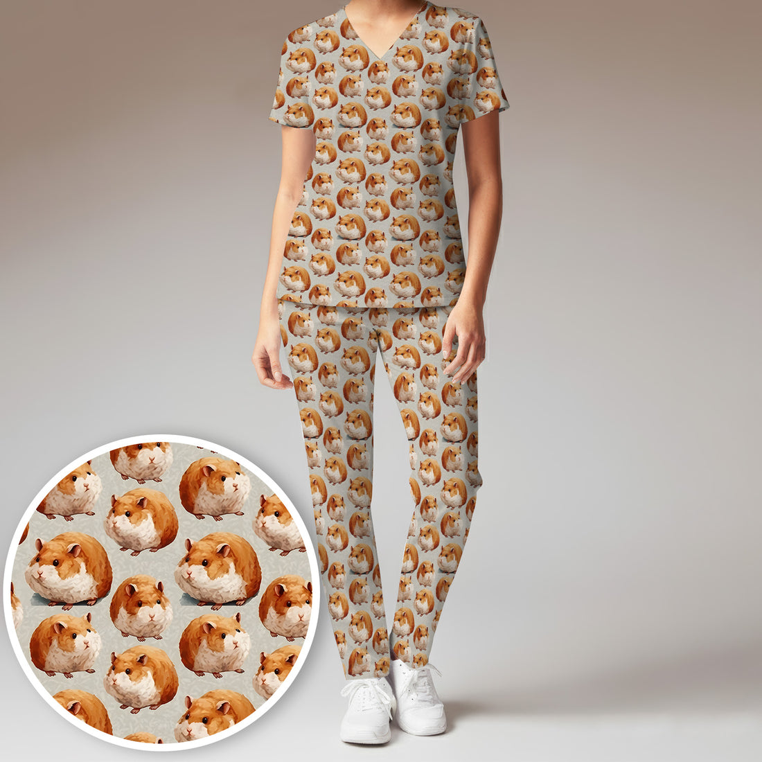 Cute Hamster Pattern Nurse Scrub Set, Scrub Pants and V Neck Top