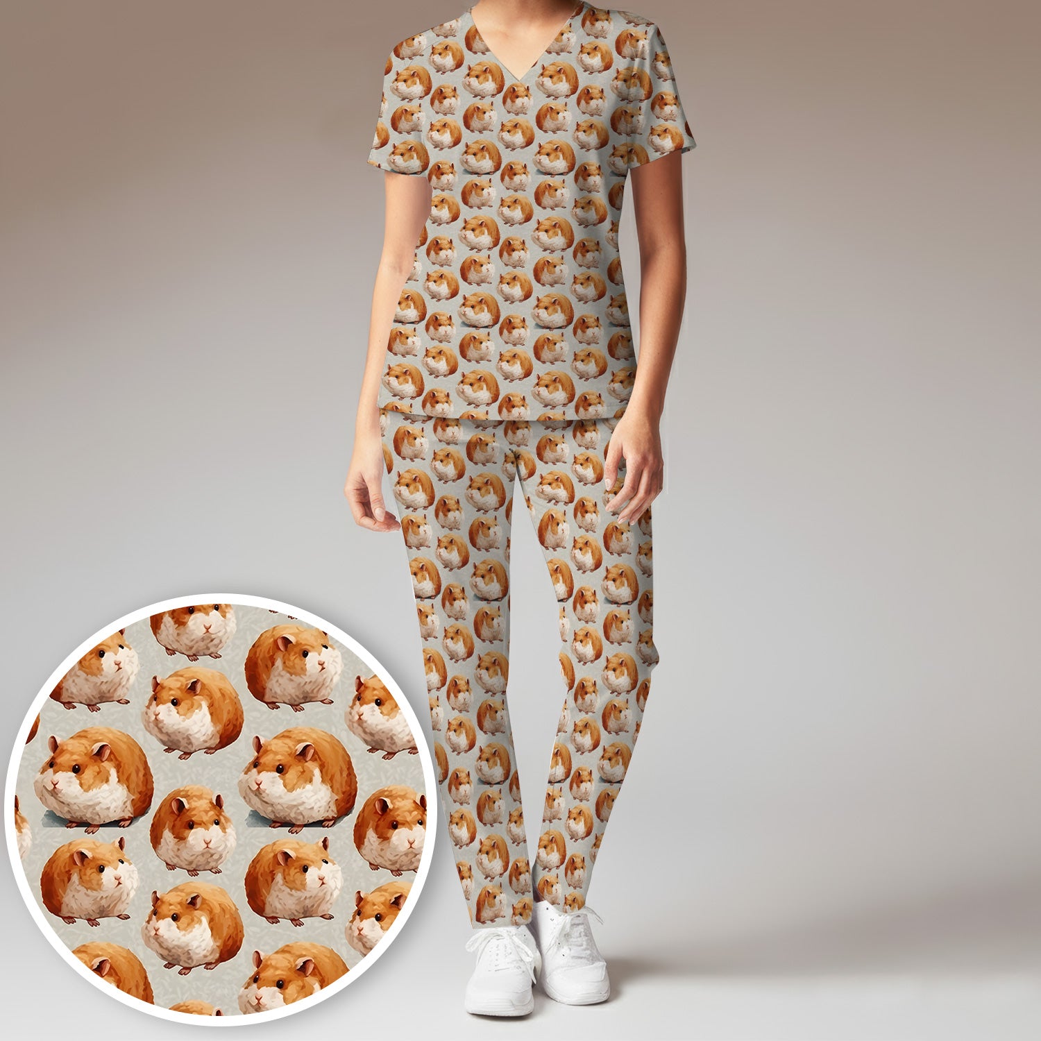 Cute Hamster Pattern Nurse Scrub Set, Scrub Pants and V Neck Top