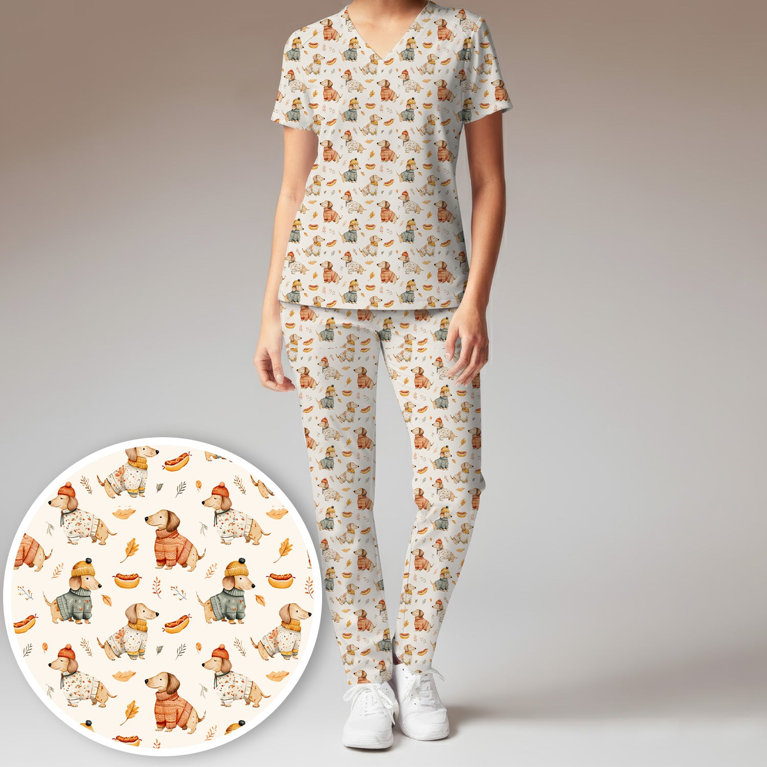 Autumn Dachshund Dog Sweater Print Scrub Set, Breathable Med Uniform