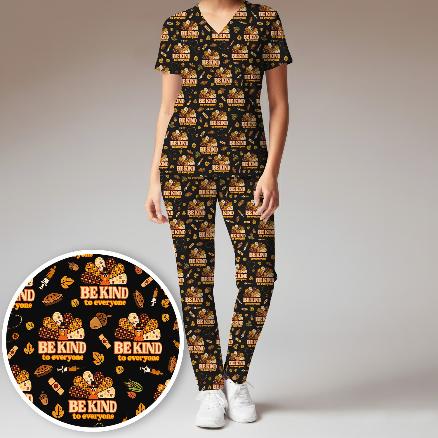 Thanksgiving Be Kind Scrub Set – Fall Nurse Shirt with Heart and Leaf Pattern – Cute Autumn Medical Uniform for Healthcare Staff