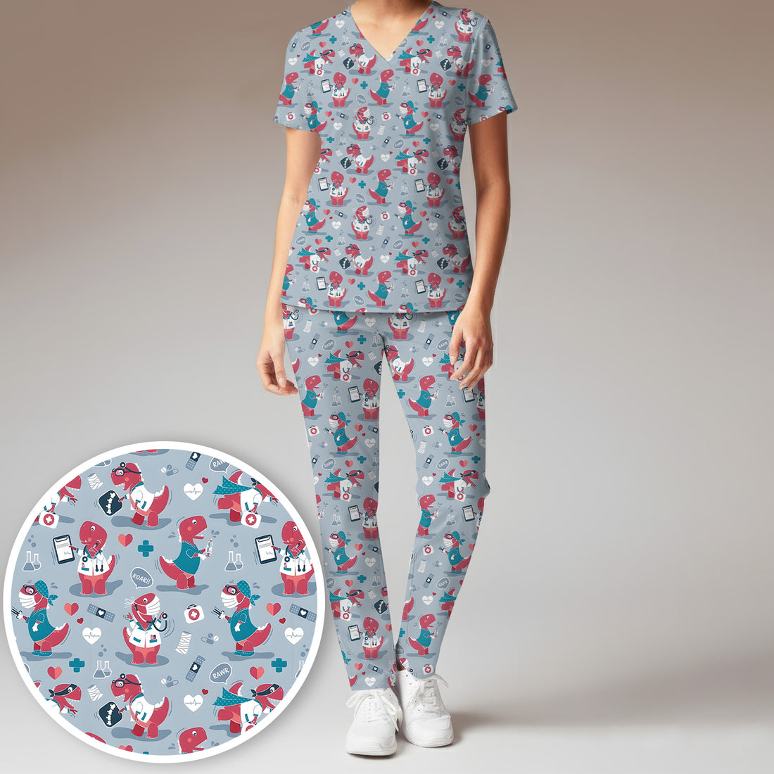Cute Dinosaur Doctor Medical Pattern Scrub Set, Women's Scrub Sets