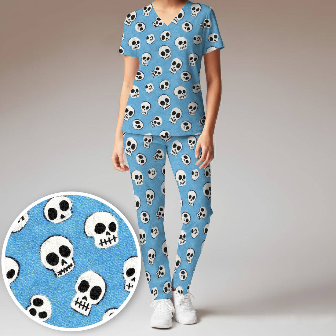 Blue Skull Halloween Pattern Scrub Set, Scrub Pants and V Neck Top