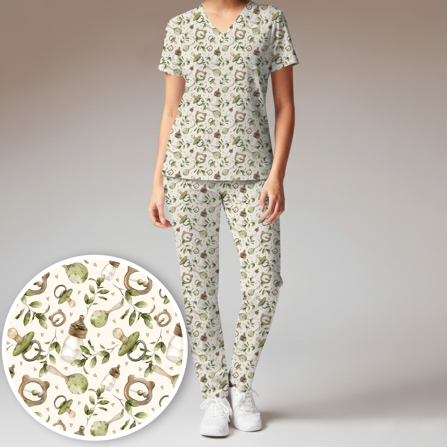 Cute Baby Bottle and Greenery Pattern Scrub Set, Breathable Med Uniform