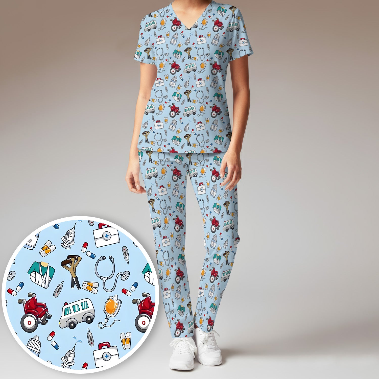Care Medical Tools & Emergency Transport Pattern Scrub Set, Scrub Pants and V Neck Top