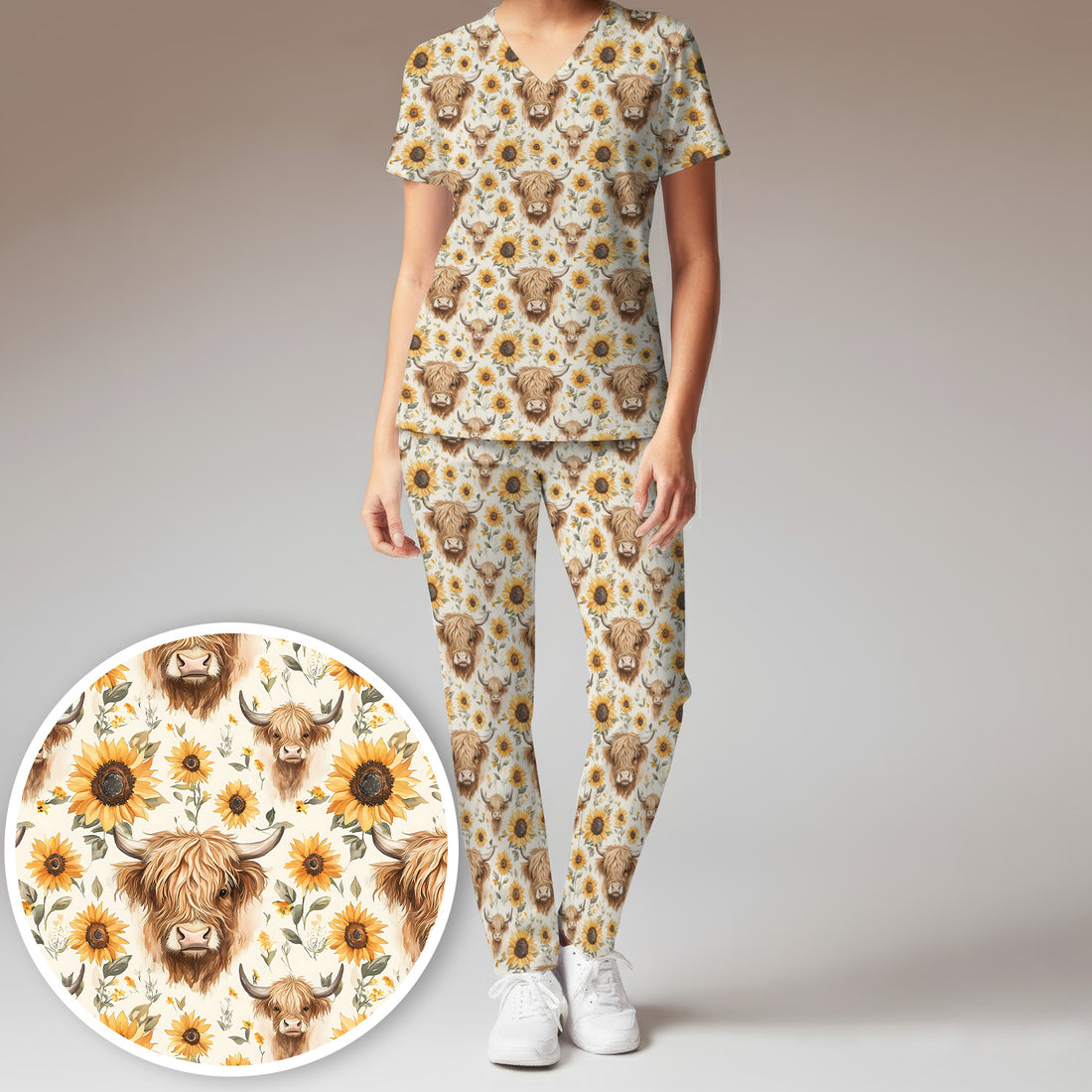 Highland Cow Sunflower Scrub Set, Rustic Farmhouse Scrub Pants and V Neck Top