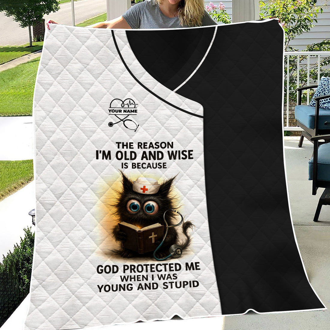 Personalized Nurse Blanket - Hilarious Cat Design with ‰Û÷God Protected Me When I Was Young and Stupid‰Ûª Quote - Custom Name for RN, CNA, LPN Healthcare Workers