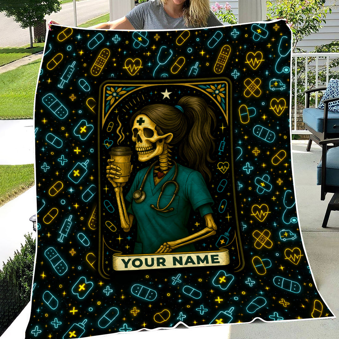Funny Skeleton Nurse Blanket - Personalized RN CNA LPN Gift with Coffee Design - Custom Halloween Throw for Healthcare Workers
