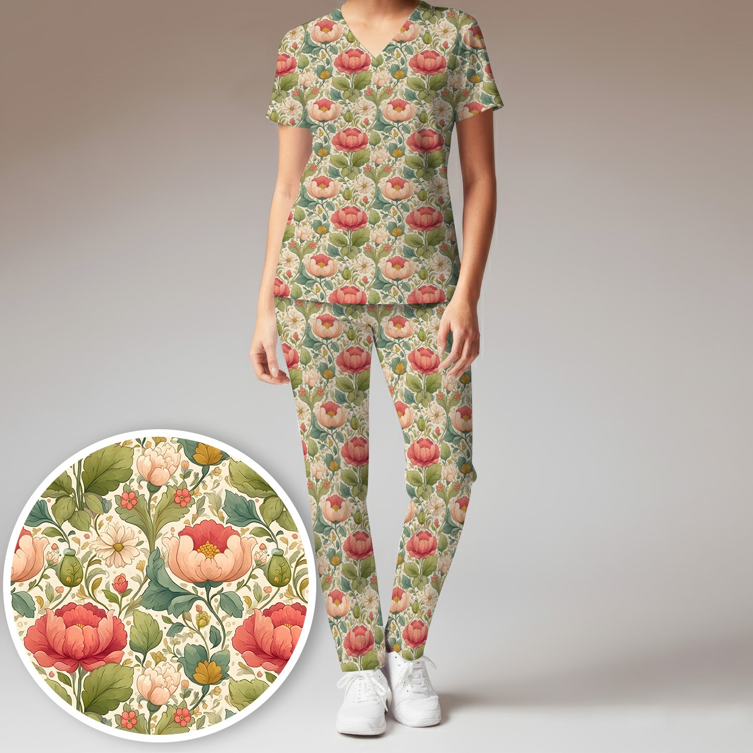 Vintage Botanical Peony Floral Pattern Scrub Set, Scrub Pants and V Neck Top