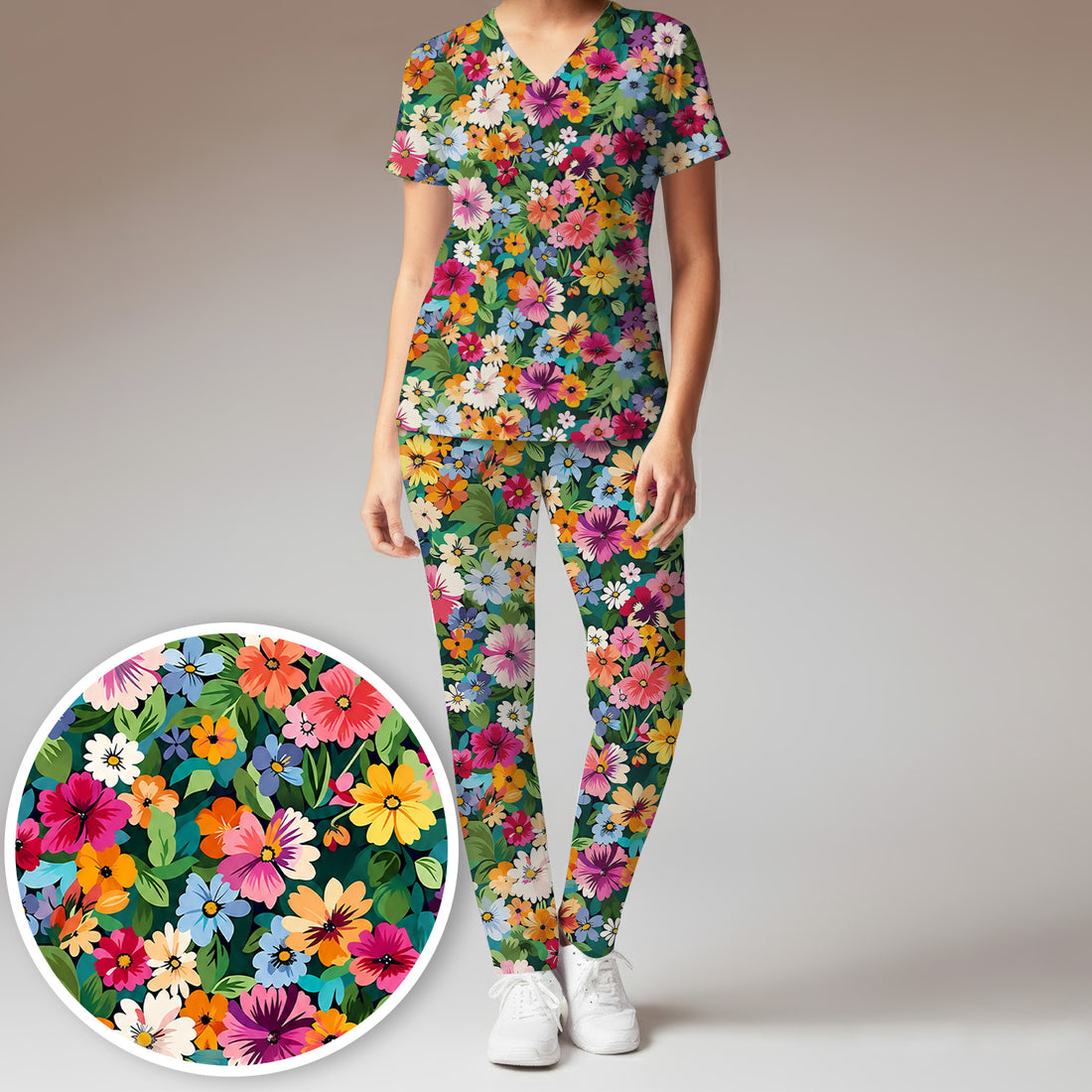 Colorful Wildflower Garden Pattern Scrub Set, Scrub Pants and V Neck Top