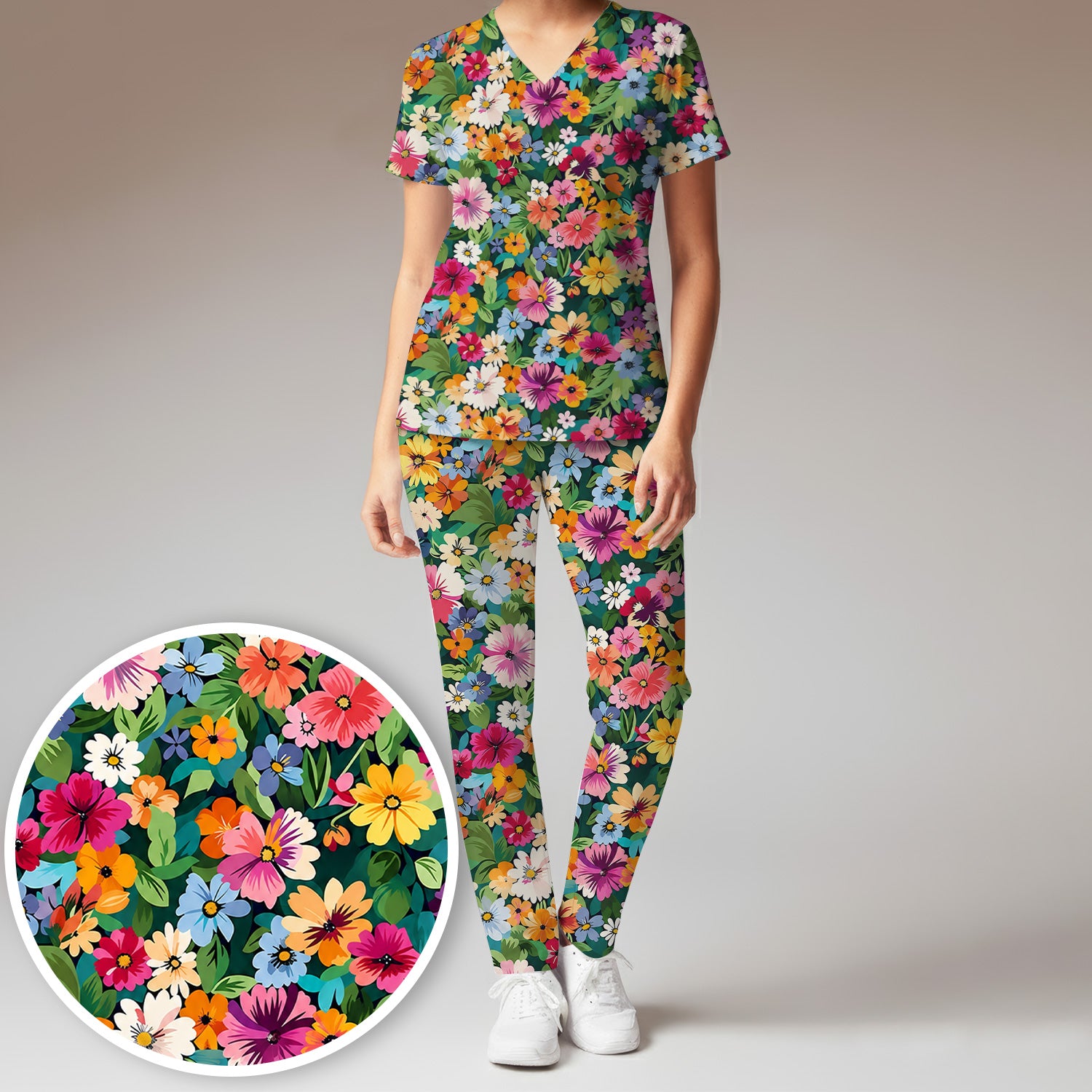 Colorful Wildflower Garden Pattern Scrub Set, Scrub Pants and V Neck Top