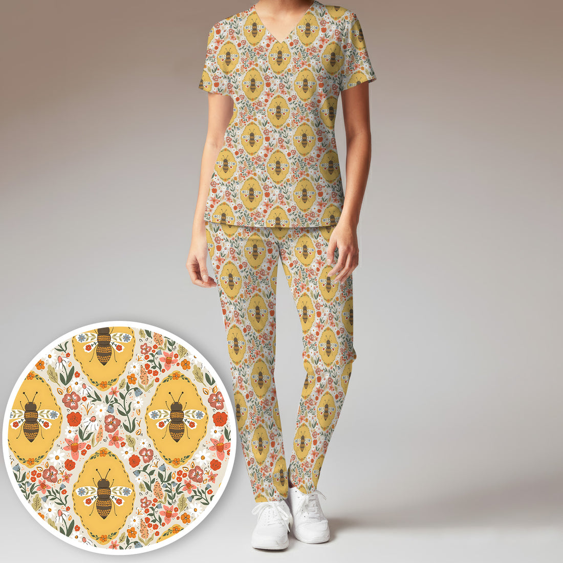 Vintage Honeybee Floral Garden Pattern Nurse Scrub Set, Scrub Pants and V Neck Top