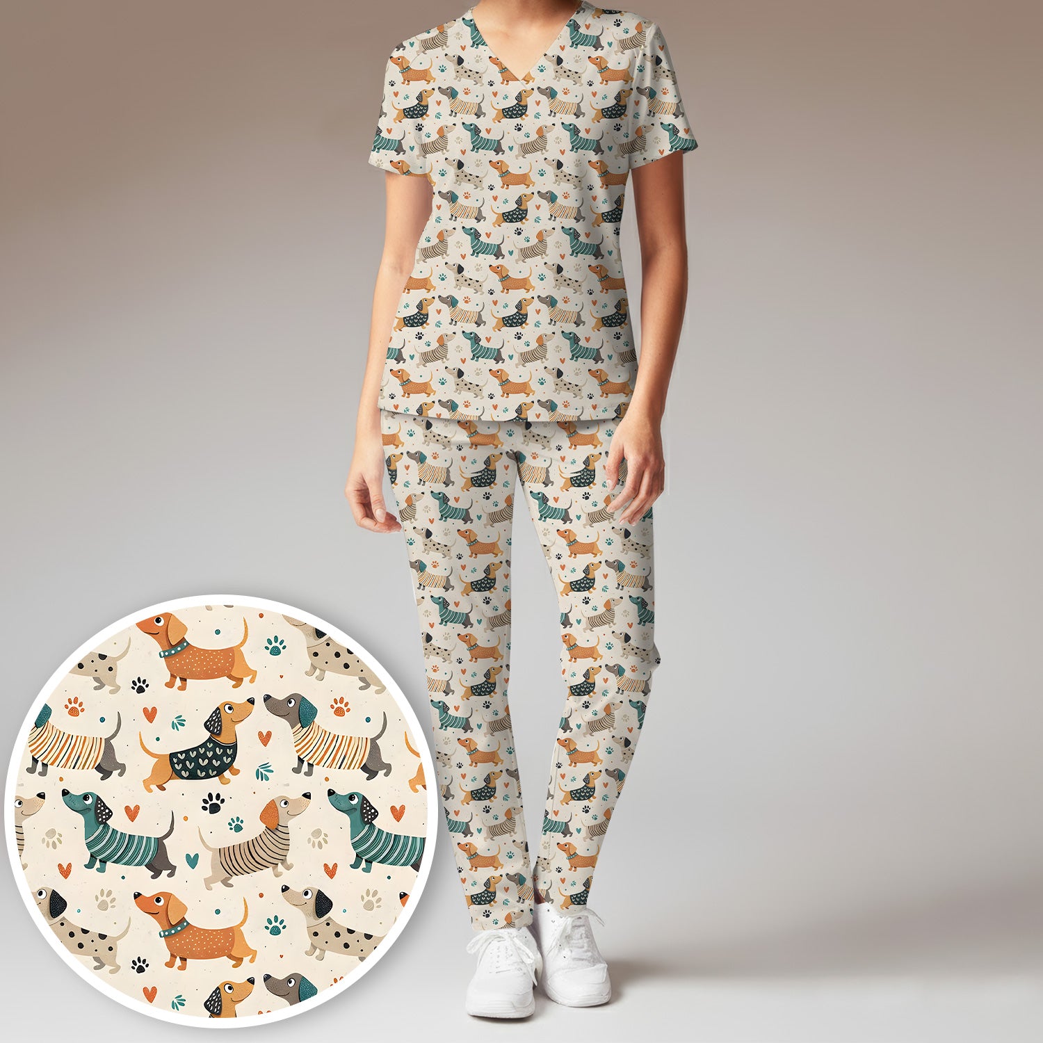 Fun Dachshund Dog Paw Heart Pattern Scrub Set, Scrub Pants and V Neck Top