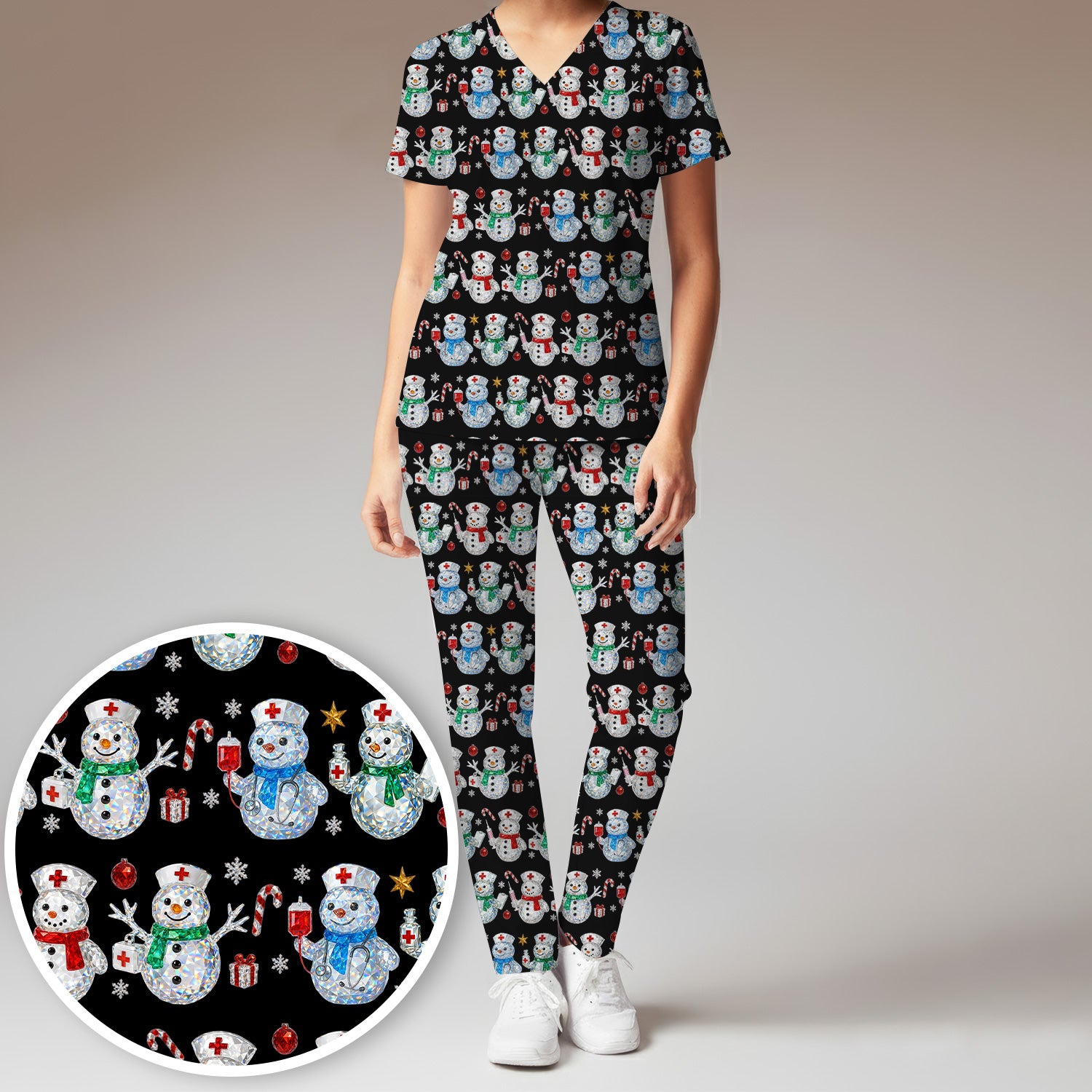 Nurse Snowman Christmas Scrub Set, Cute Holiday Medical Pattern Shirt For Women, Winter Snowflake Nursing Uniform