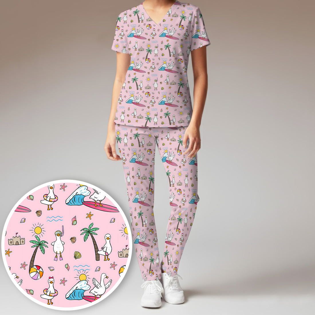 Cute Nurse Seagull Surfboard Beach Palm Tree Pattern Scrub Set, Scrub Pants and V Neck Top