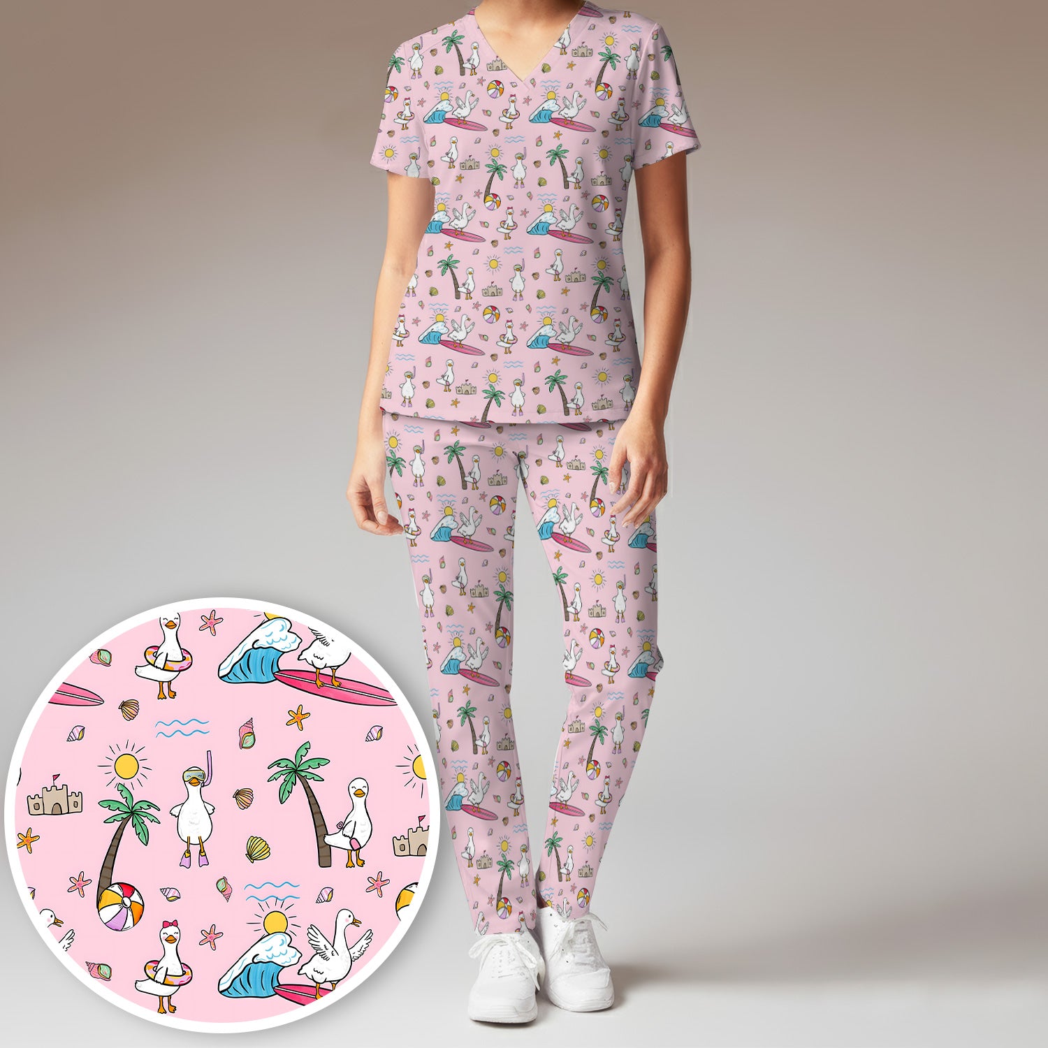 Cute Nurse Seagull Surfboard Beach Palm Tree Pattern Scrub Set, Scrub Pants and V Neck Top