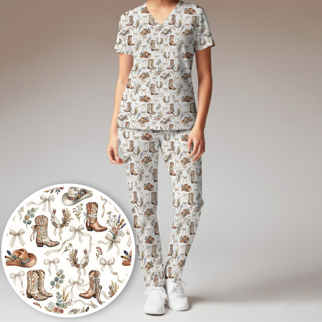 Western Cowboy Boots Hat Floral Pattern Scrub Set, Scrub Pants and V Neck Top