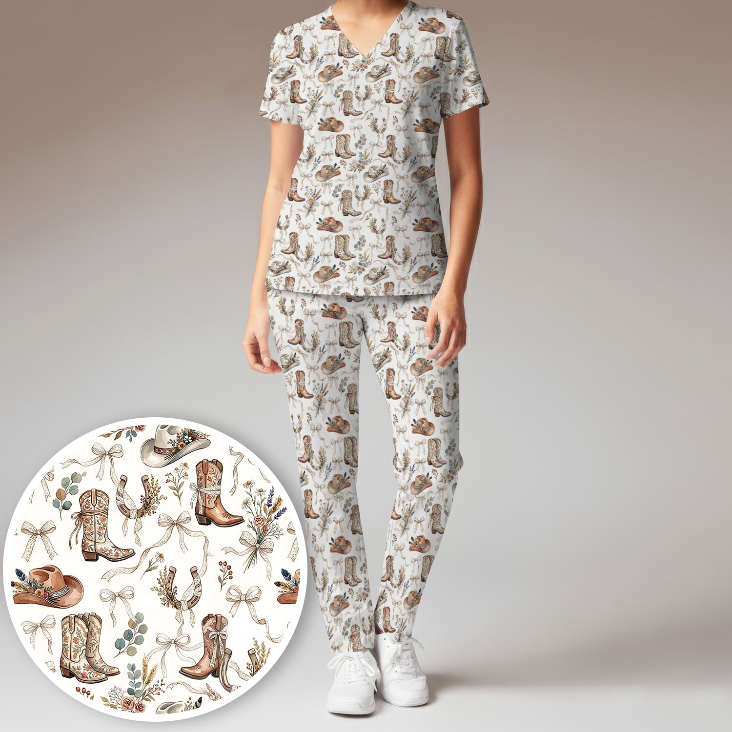 Western Cowboy Boots Hat Floral Pattern Scrub Set, Scrub Pants and V Neck Top