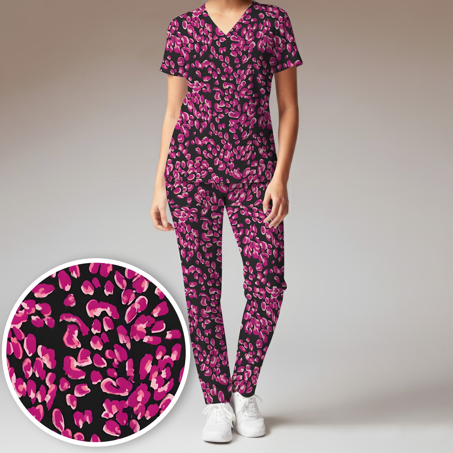 Falling Pink Rose Petals All Over Print Scrub Set, Breathable Med Uniform