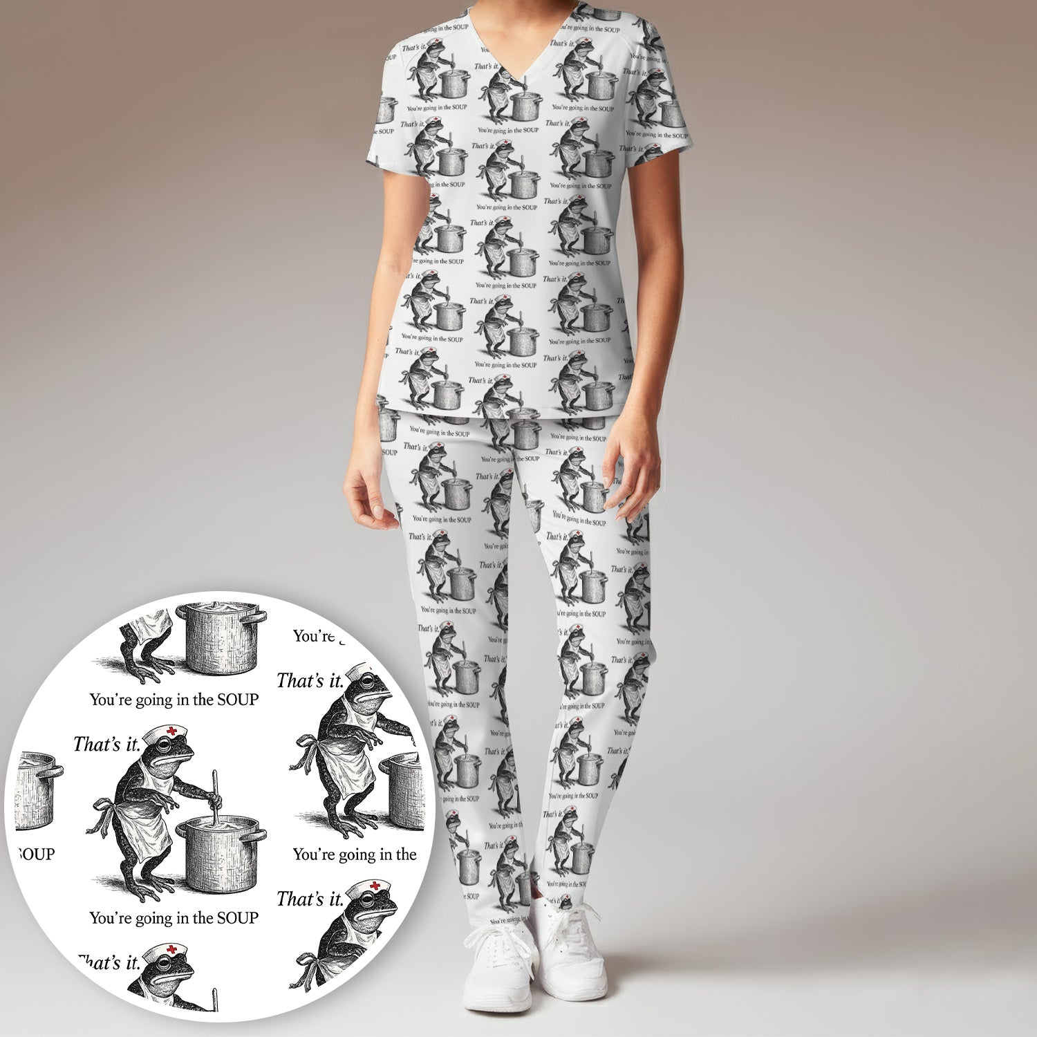 Funny Nurse Frog Cooking Soup Vintage Pattern Scrub Set, Scrub Pants and V Neck Top