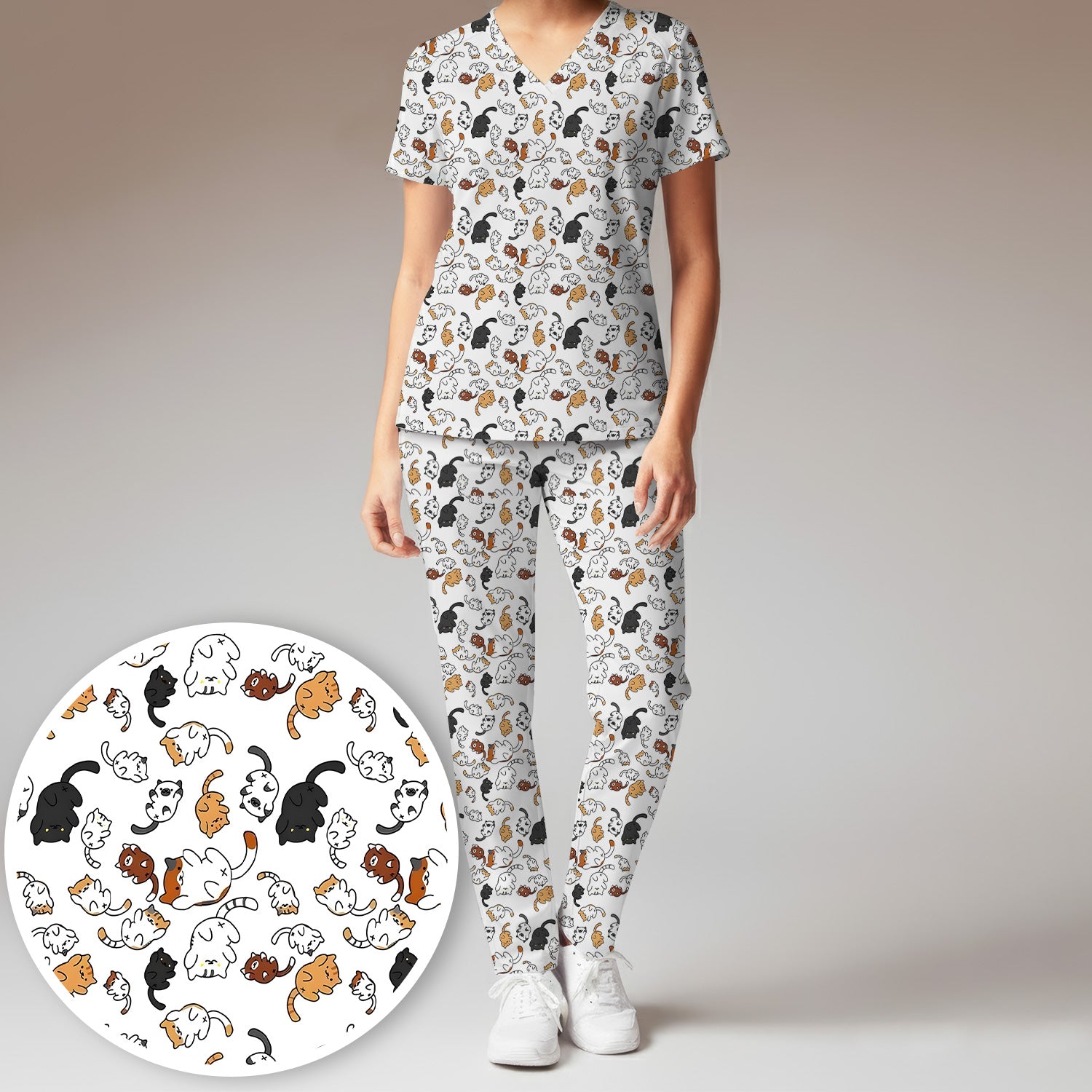 Funny Cat Scrub Set, Cute Cat Pattern Nurse Shirt For Women, Breathable Fabrics Nursing Uniform