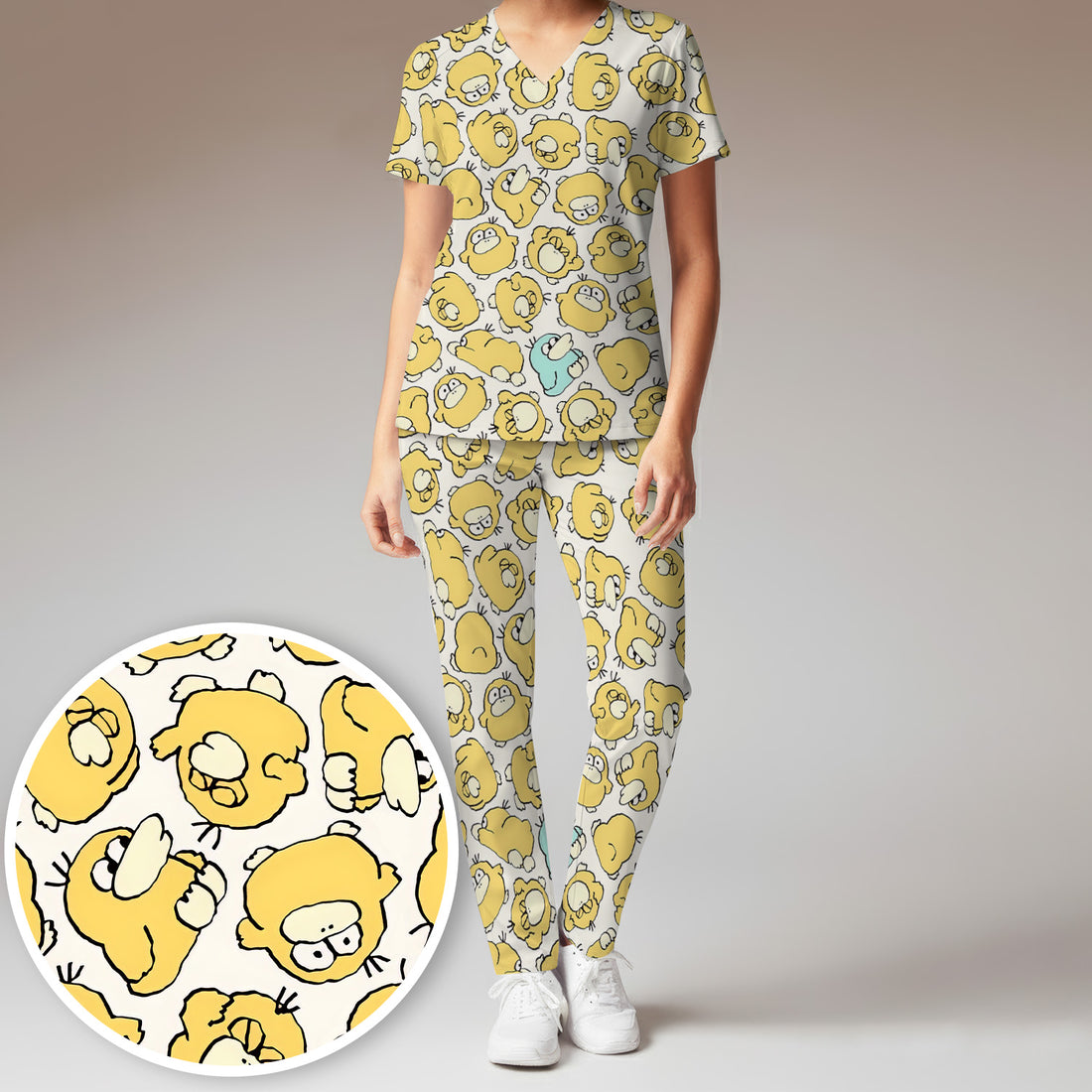 Funny Yellow Cartoon Duck Pattern Scrub Set, Scrub Pants and V Neck Top