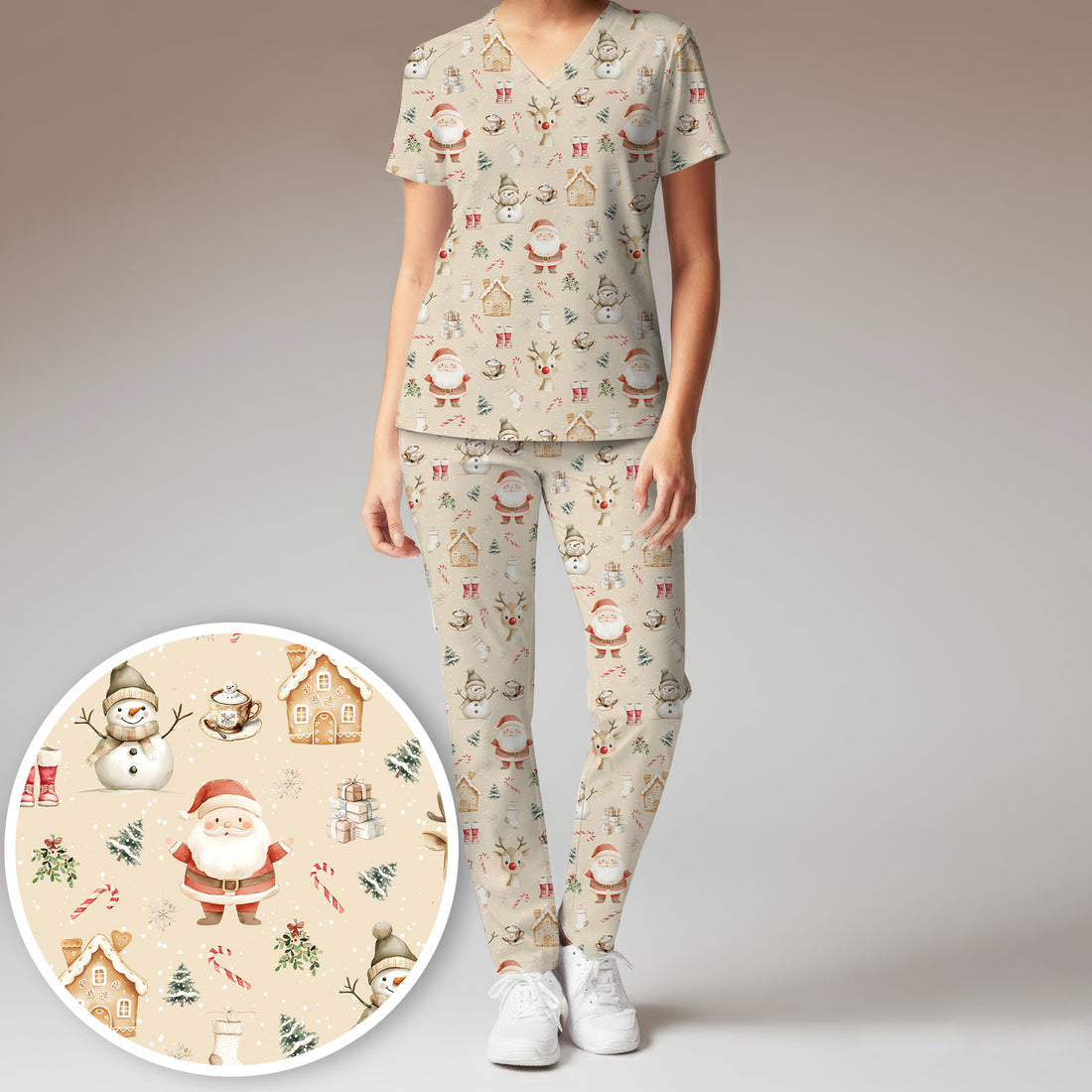 Christmas Santa Pattern  Scrub Top – Cute Medical Uniform for Nurses - Breathable Fabrics Nursing Uniform
