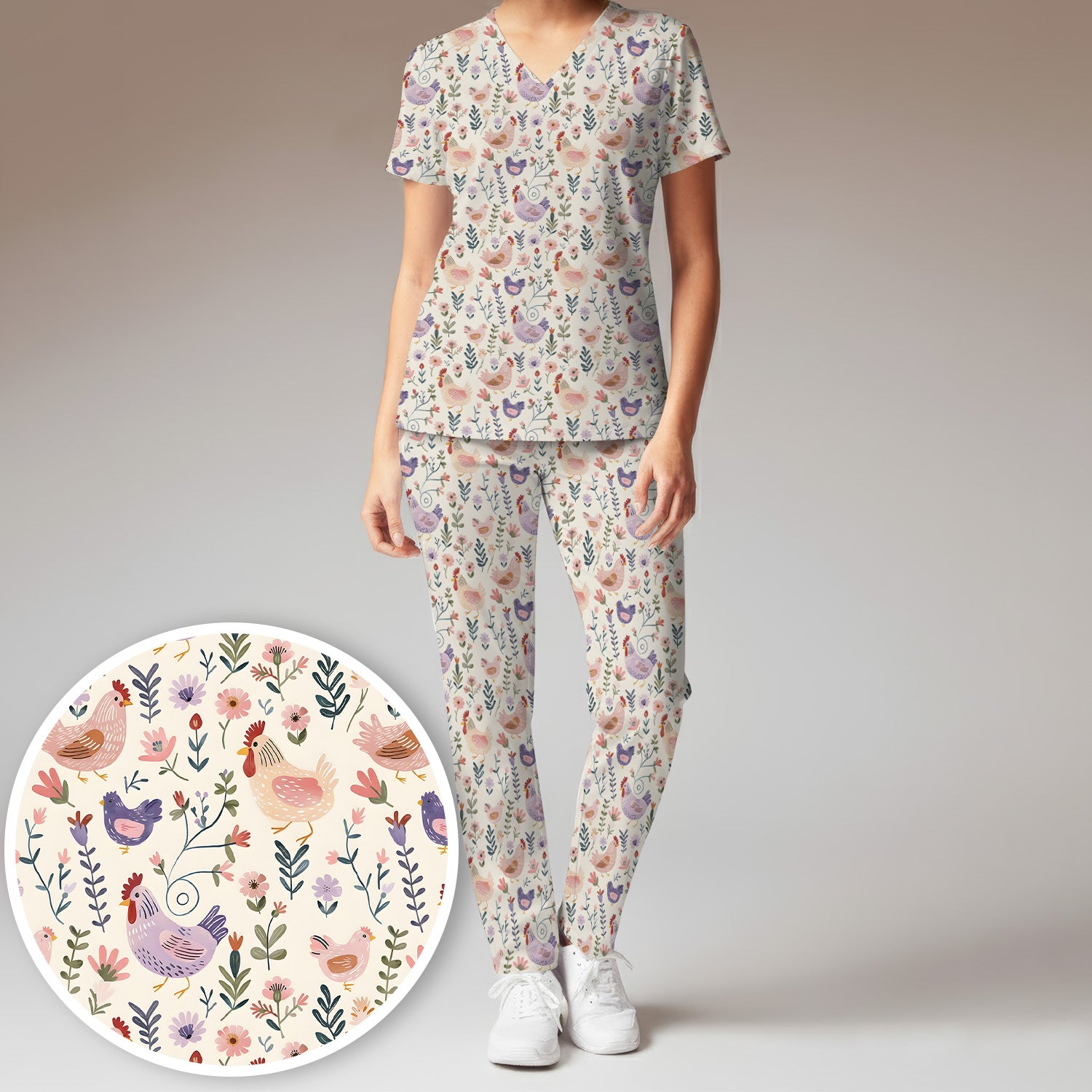 Cute Farm Chicken Floral Garden Pattern Scrub Set, Scrub Pants and V Neck Top