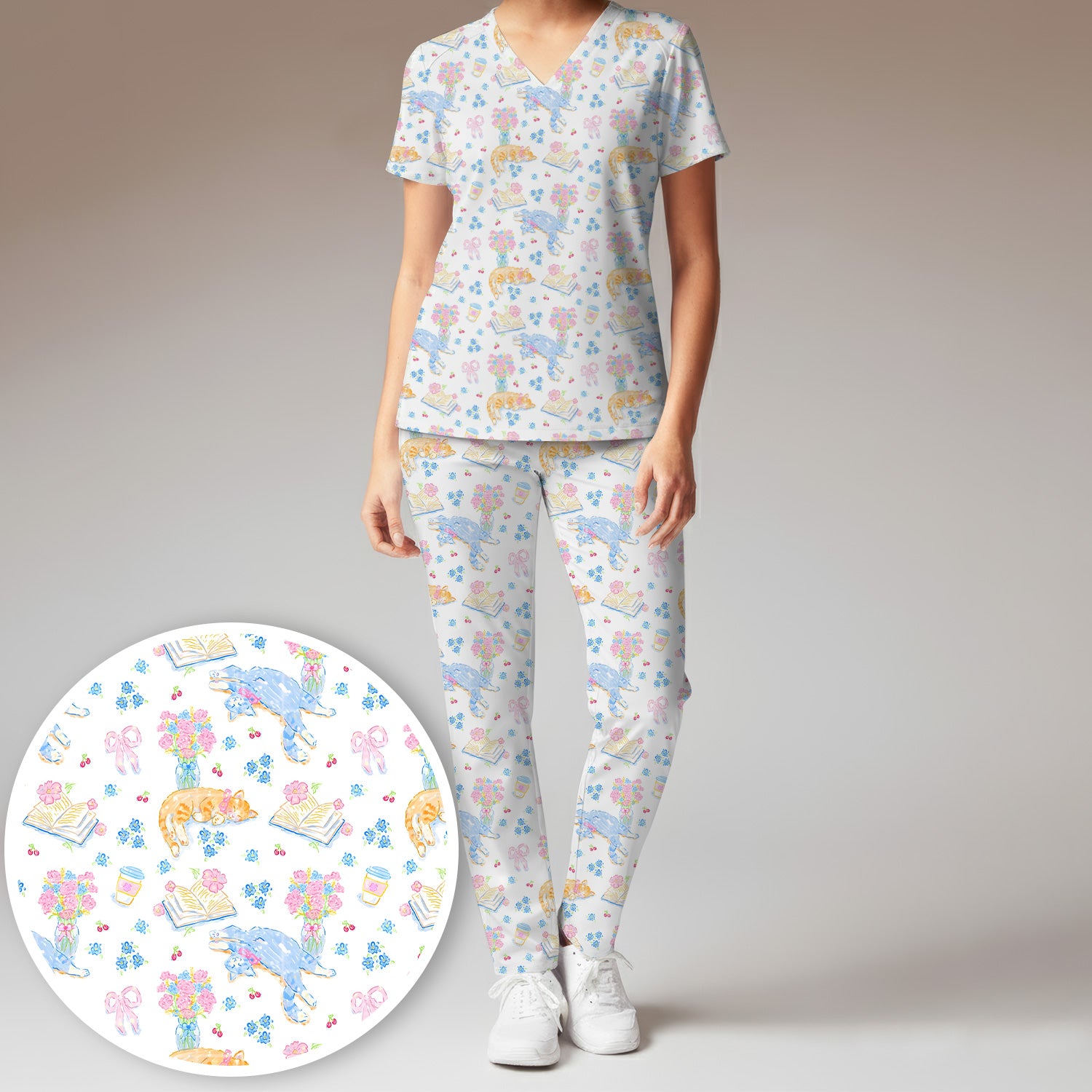 Cute Cats Reading Floral Books Pattern Scrub Set, Scrub Pants and V Neck Top