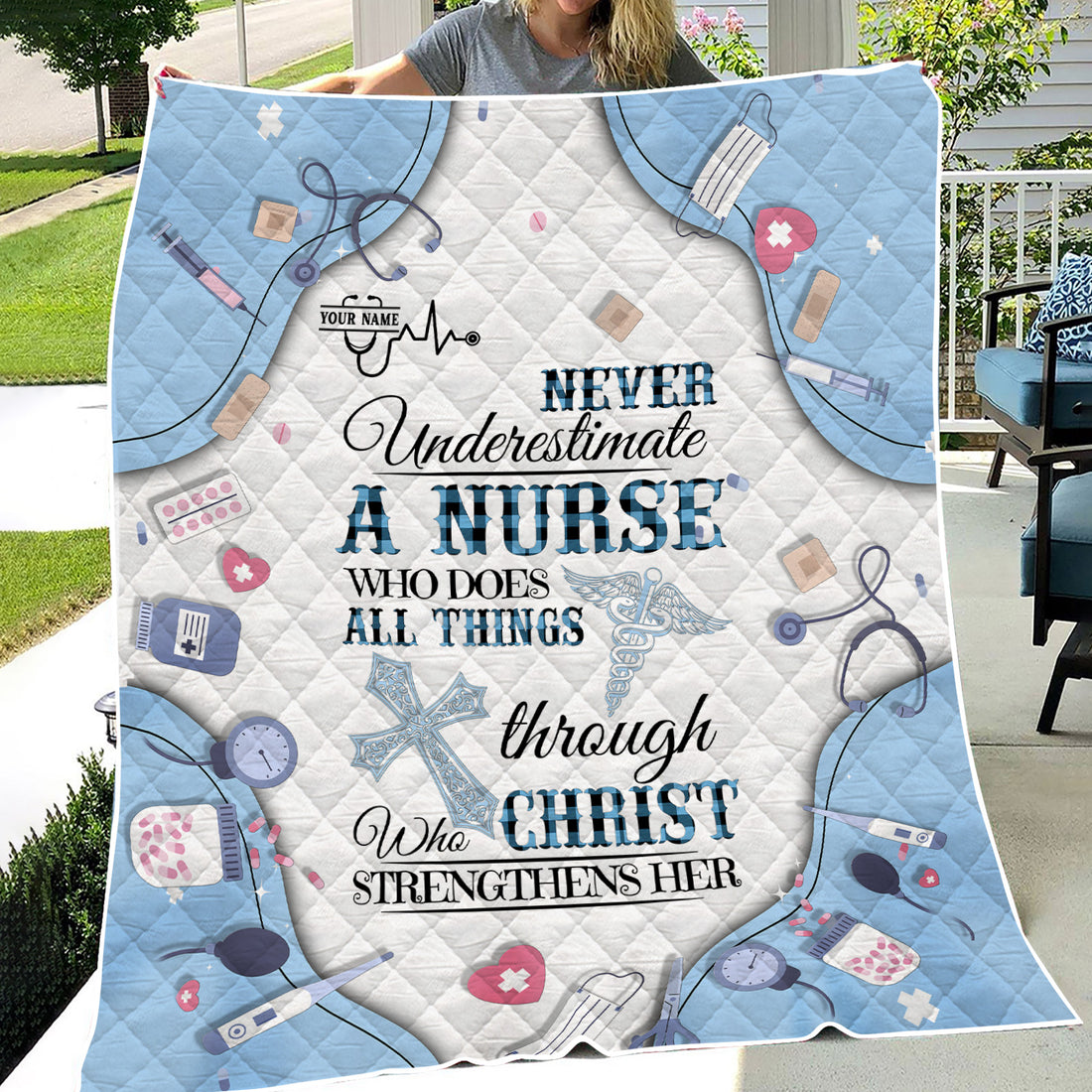 Custom Name Faith Nursing Blanket for Women - Personalized Religious Gift for RN LPN CNA Hospital Staff - All Things Through Christ Quote