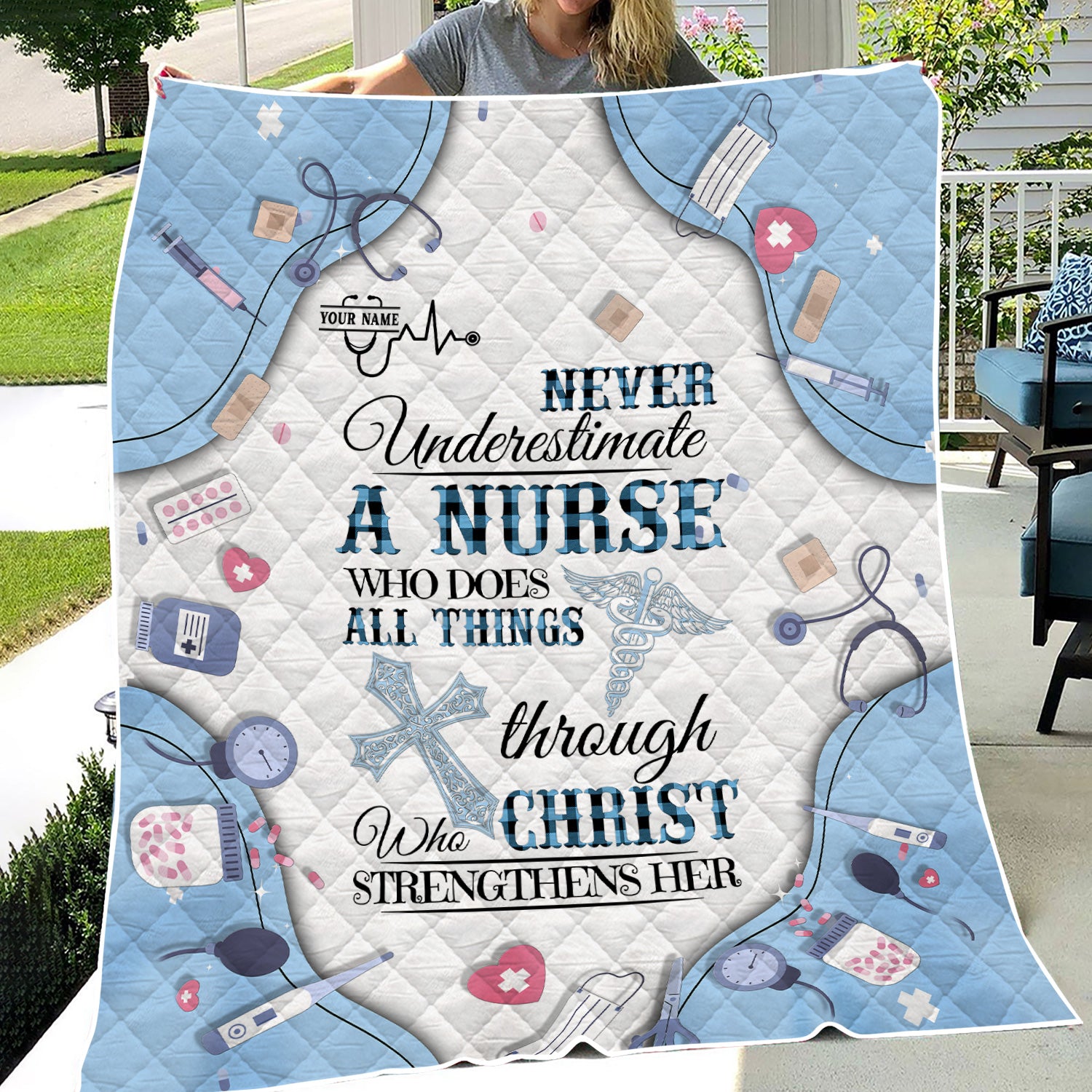 Custom Name Faith Nursing Blanket for Women - Personalized Religious Gift for RN LPN CNA Hospital Staff - All Things Through Christ Quote