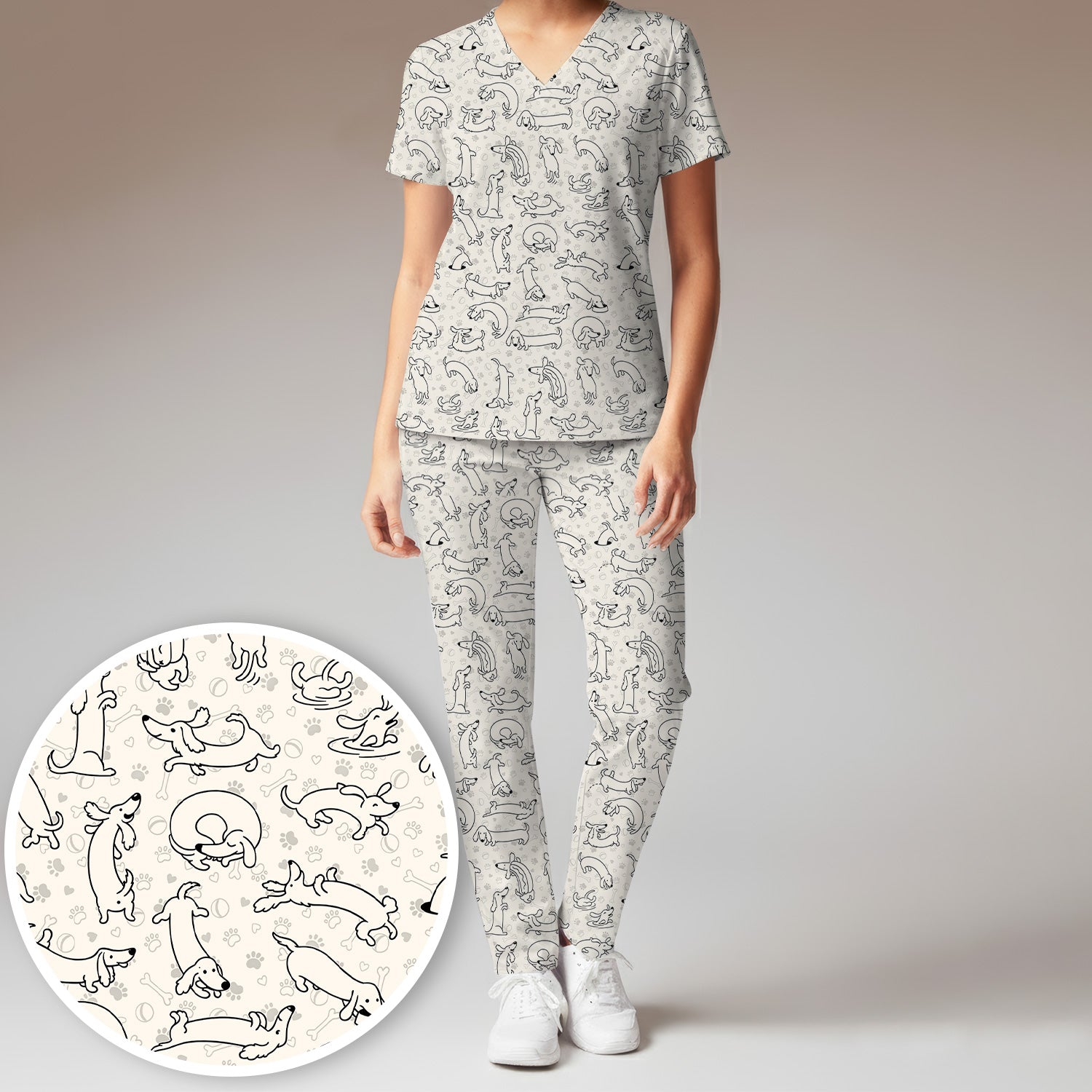 Playful Dachshund Dog Line Art Print Scrub Set, Scrub Pants and V Neck Top