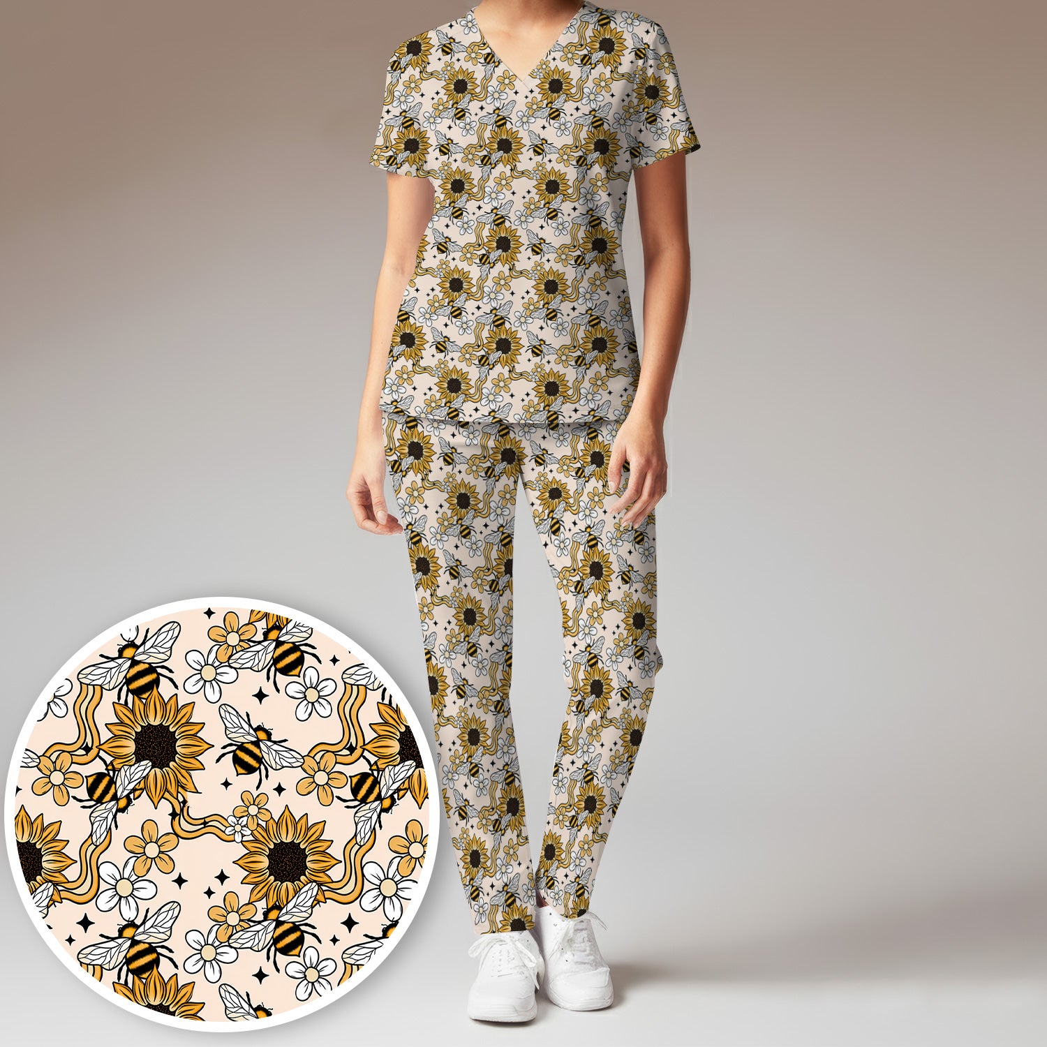 Sunflower And Honey Bee Floral Scrub Set, Scrub Pants and V Neck Top