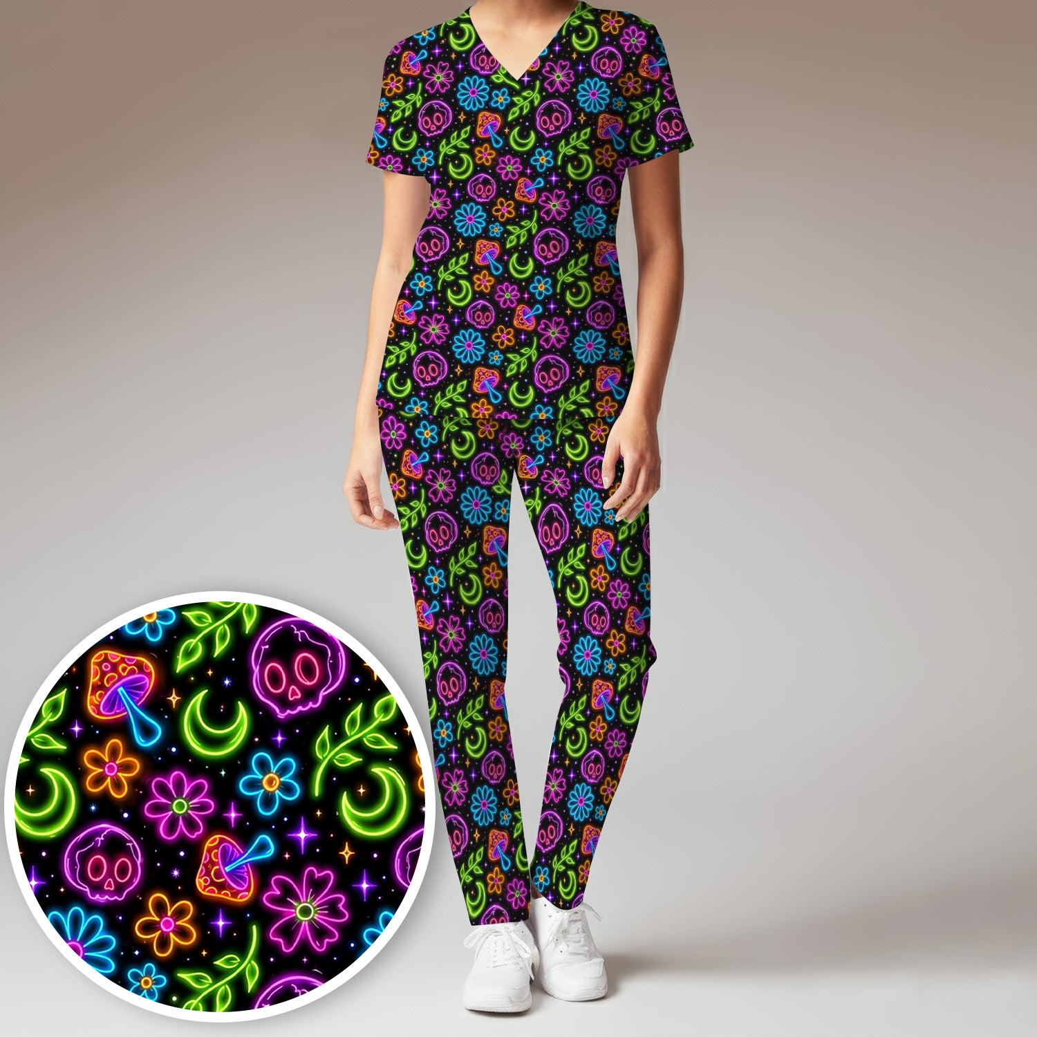 Neon Skull Mushroom Floral Scrub Set, Colorful Gothic Scrub Pants and V Neck Top