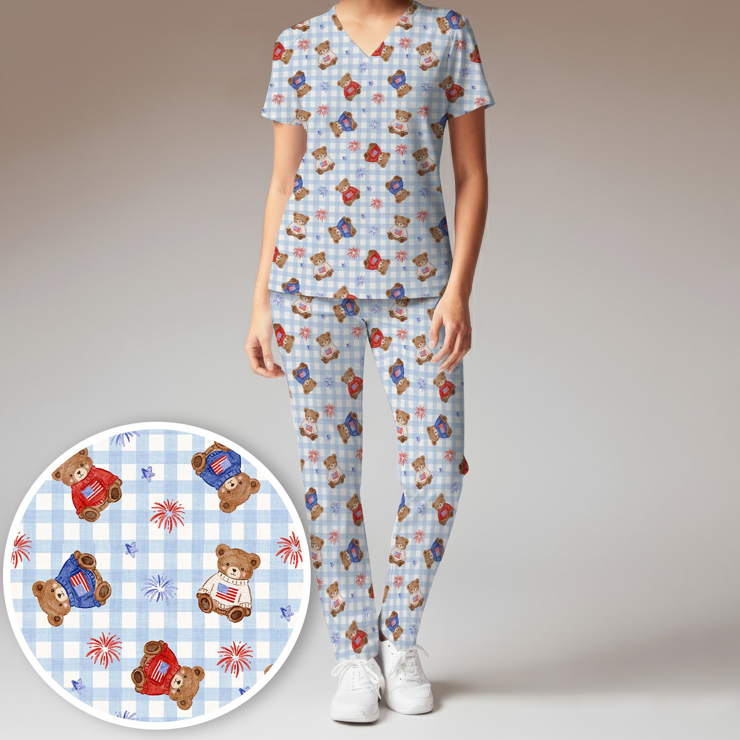 Cute Patriotic Teddy Bear Firework Gingham Pattern Scrub Set, Scrub Pants and V Neck Top