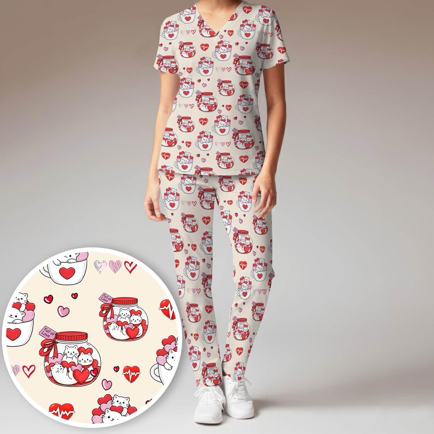 Cute Cat Valentine Nurse Scrub Set, Women's Scrub Sets Breathable Uniform