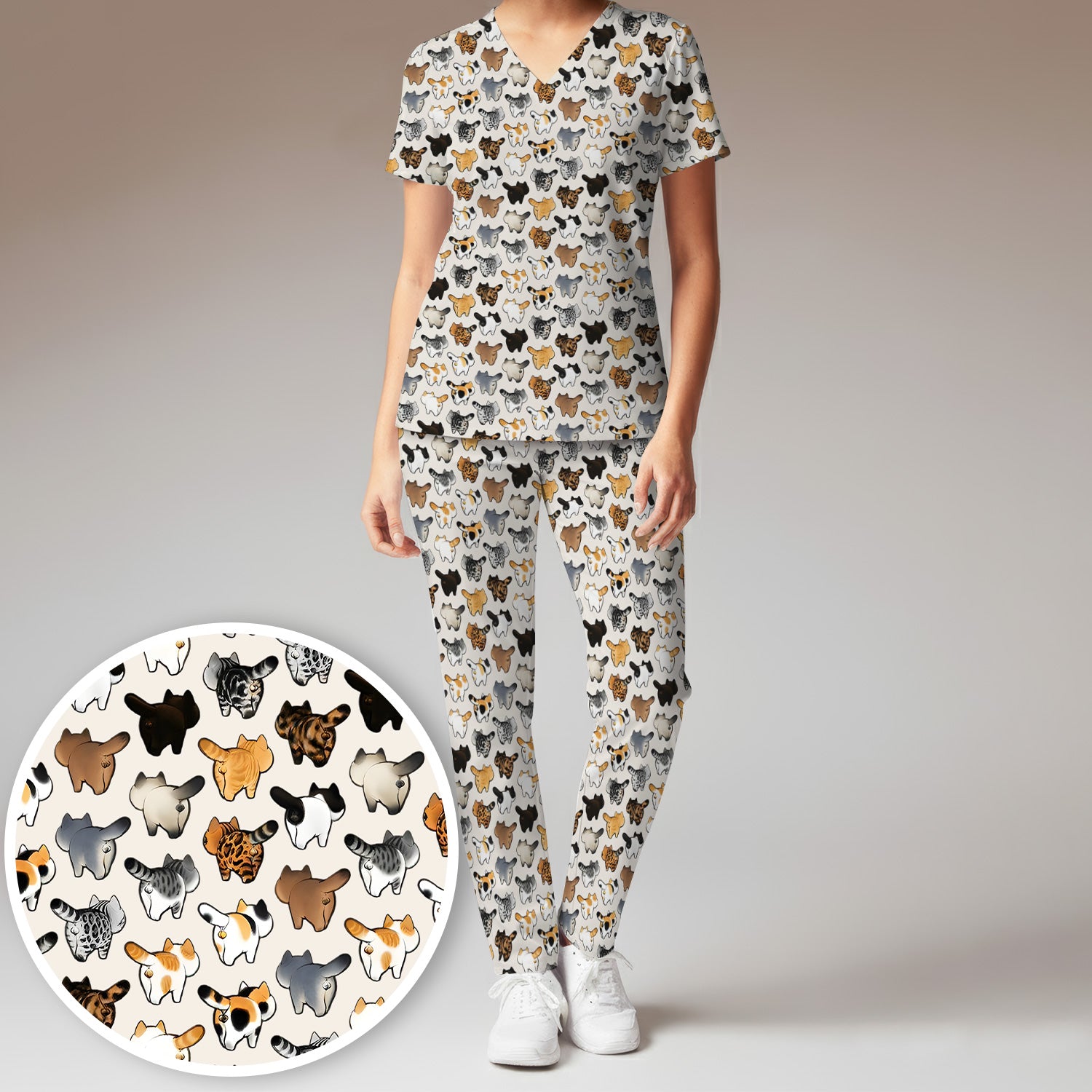 Cat Butt Pattern Medical Scrub Set, Breathable Fabrics Nursing Uniform