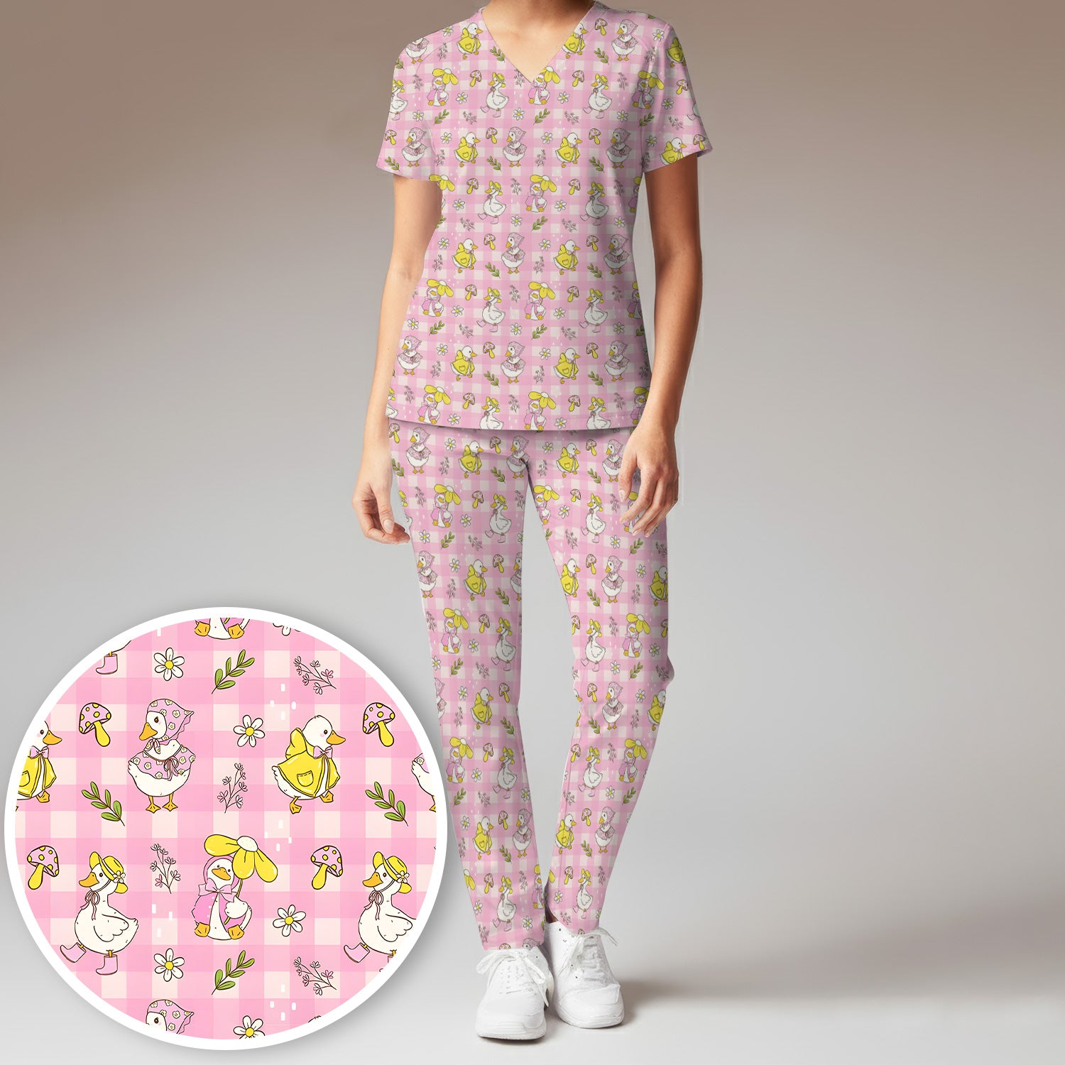 Spring Duckling Gingham Pattern Scrub Set, Scrub Pants and V Neck Top