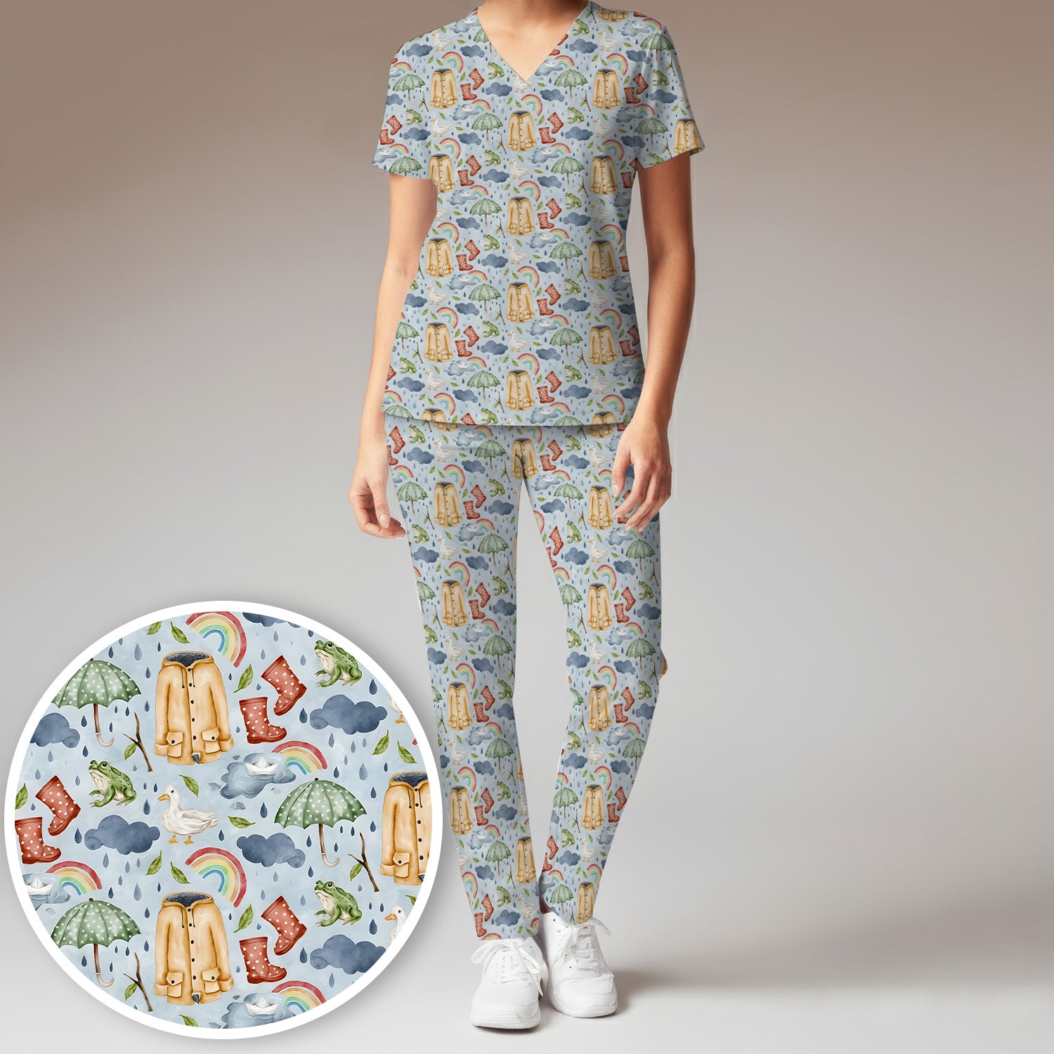 Cute Rainy Day Ducks & Frog Rainbow Pattern Scrub Set, Scrub Pants and V Neck Top